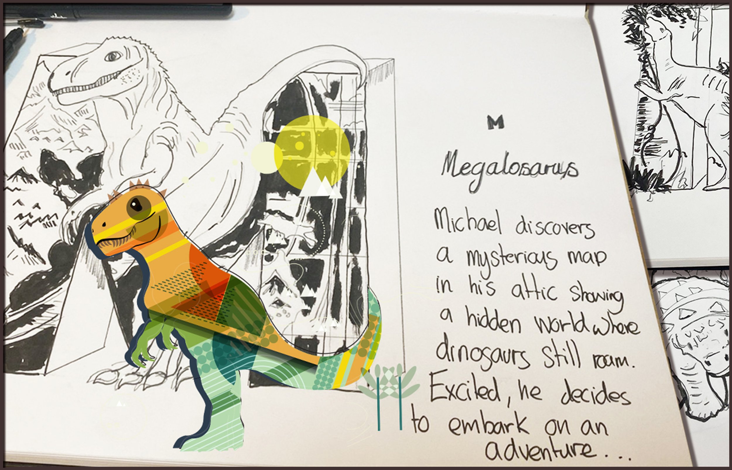 Concept drawings of A story about a young explorer who discovers a hidden world where prehistoric creatures still exist—created as a gift that celebrates imagination, adventure, and the magic of discovery dinosaurs lettering art.