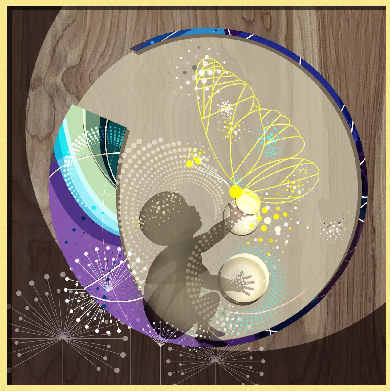Design concept for letter O with fireflies and water patterns for nursery art