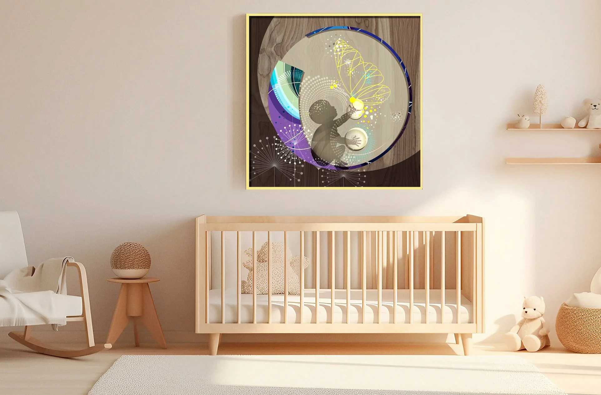 Design concept for letter O with fireflies and water patterns hanging in a nursery art