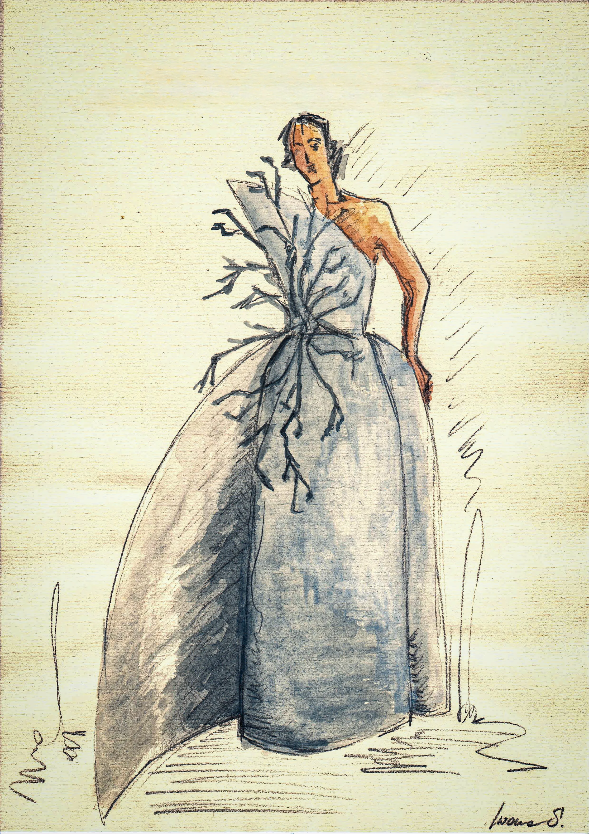 Branch dress, study: Watercolor and ink, 2001. The drawing that became the form.