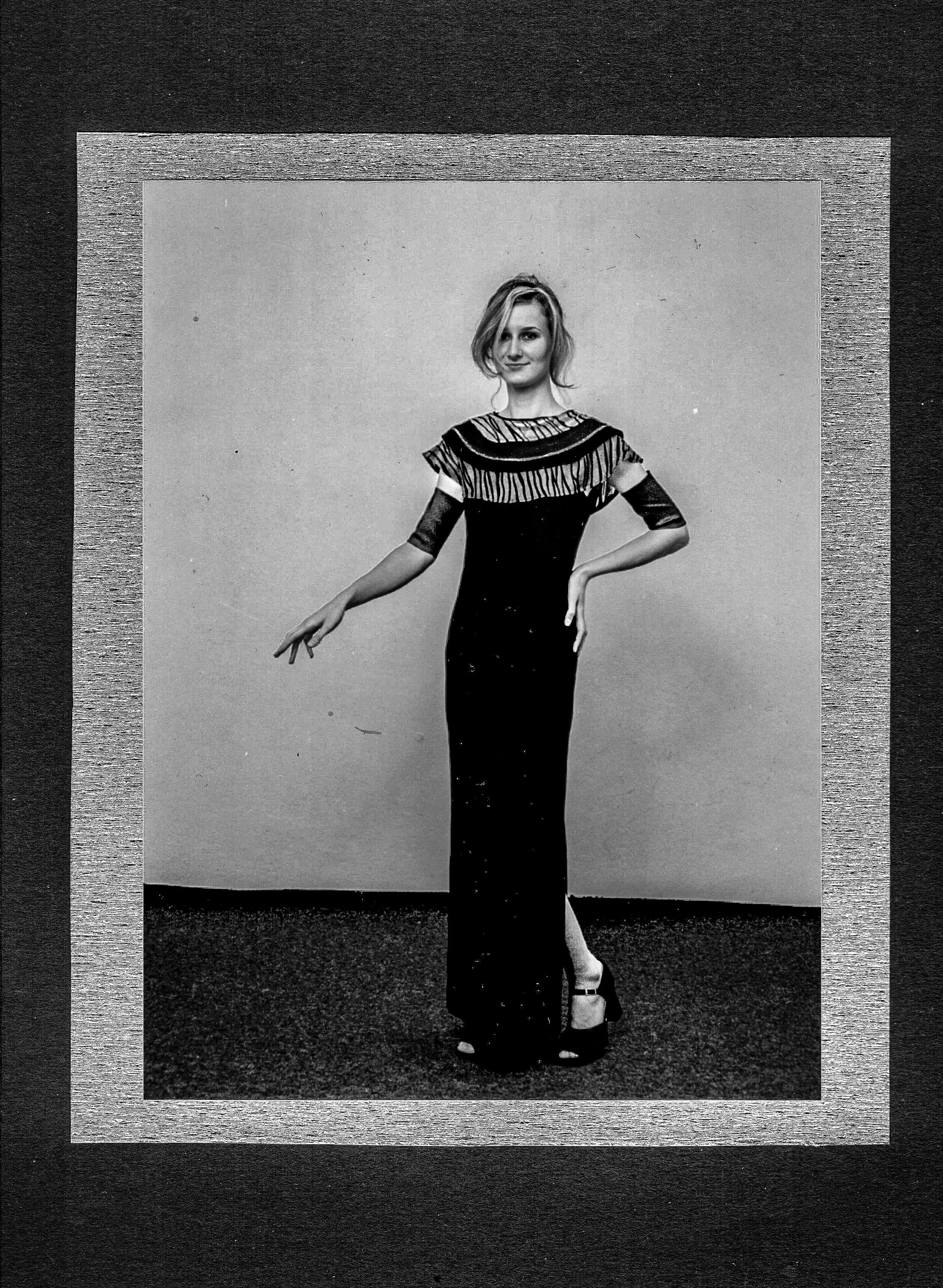 Black evening, sheer yoke: Long evening dress with striped yoke and contrast cuffs. From the Klimt collection, 2002.
