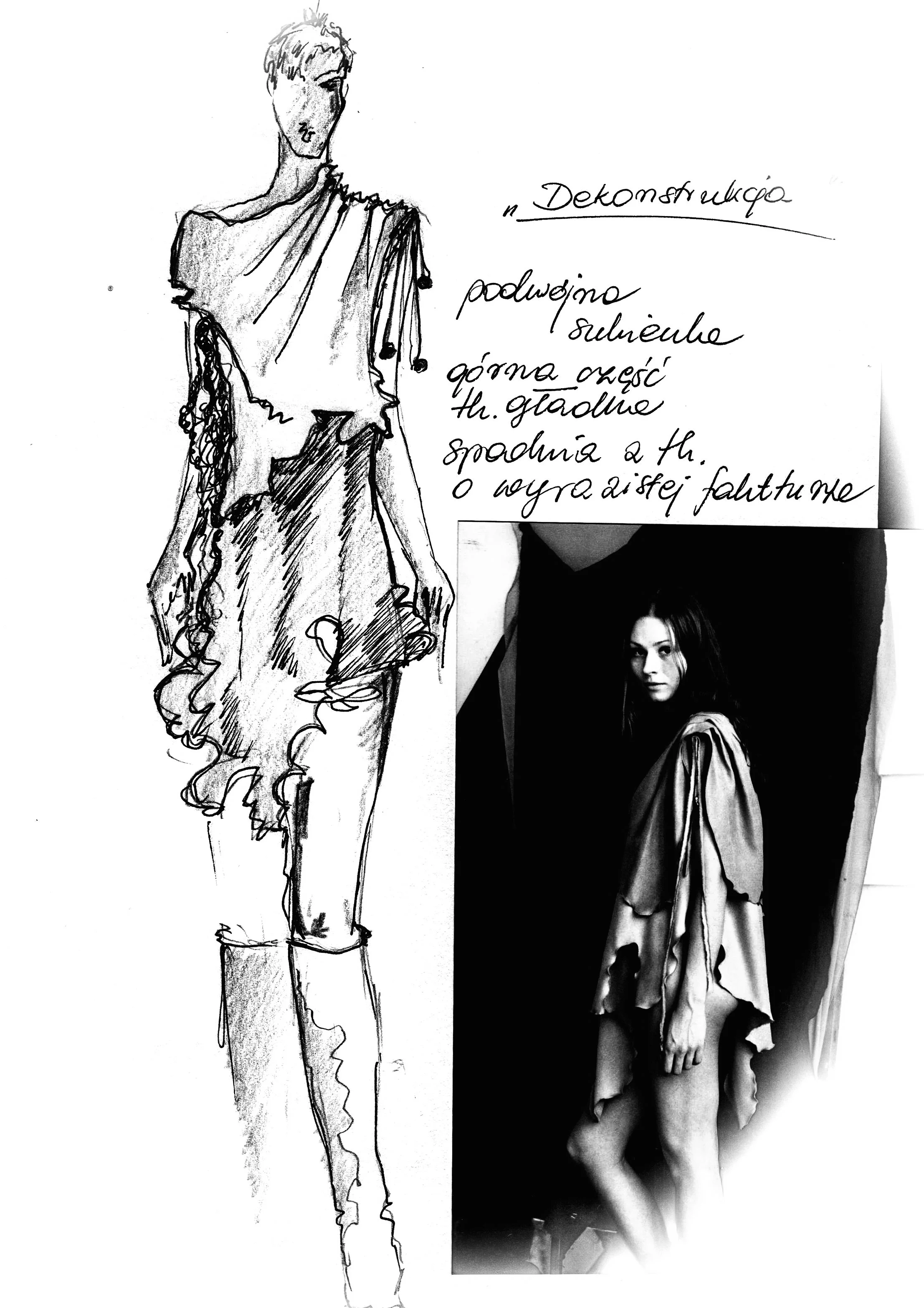 Deconstruction: Double dress — top half smooth, bottom half pronounced texture. Pencil sketch with a single archival frame, 2001.