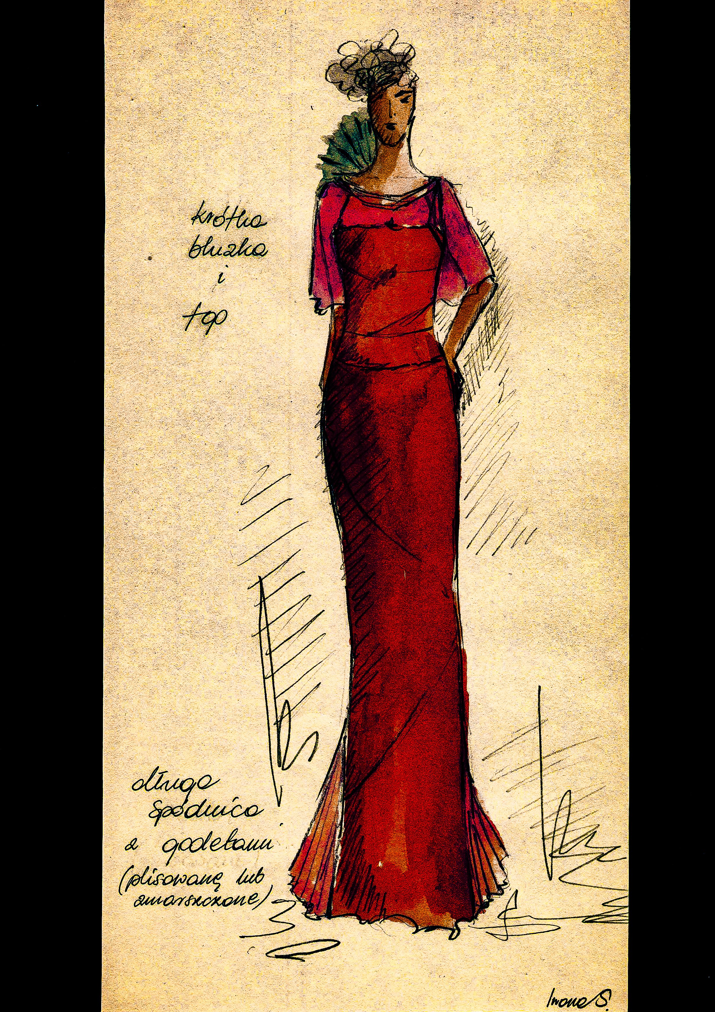Coral evening, study: Watercolor on cream paper. Short blouse, top, long skirt with godets — pleated or gathered.