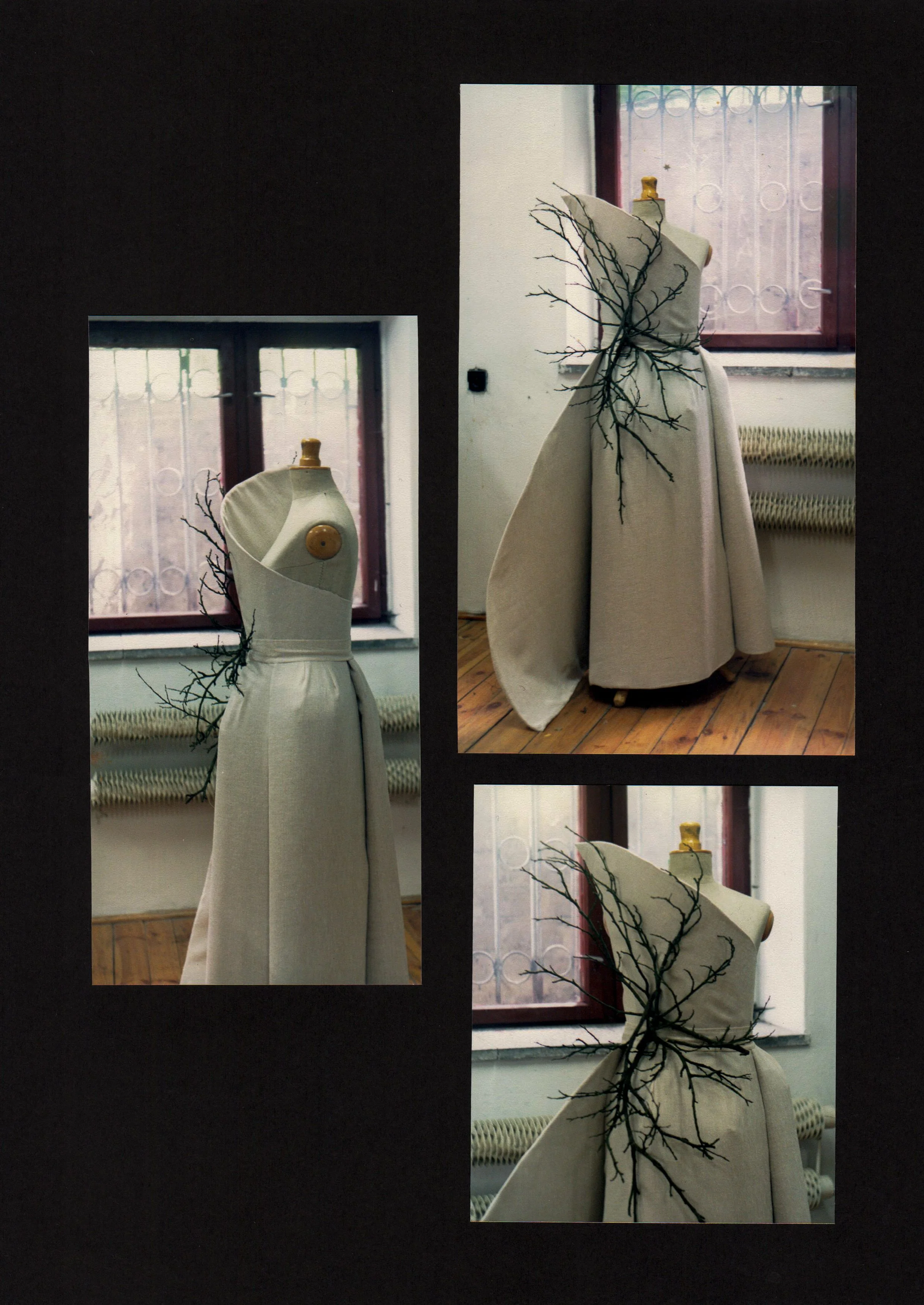 Branch dress, on the form: Free-form garment from unconventional materials. Branches, raw linen, the wooden form. Second year of design studies, ~2001.