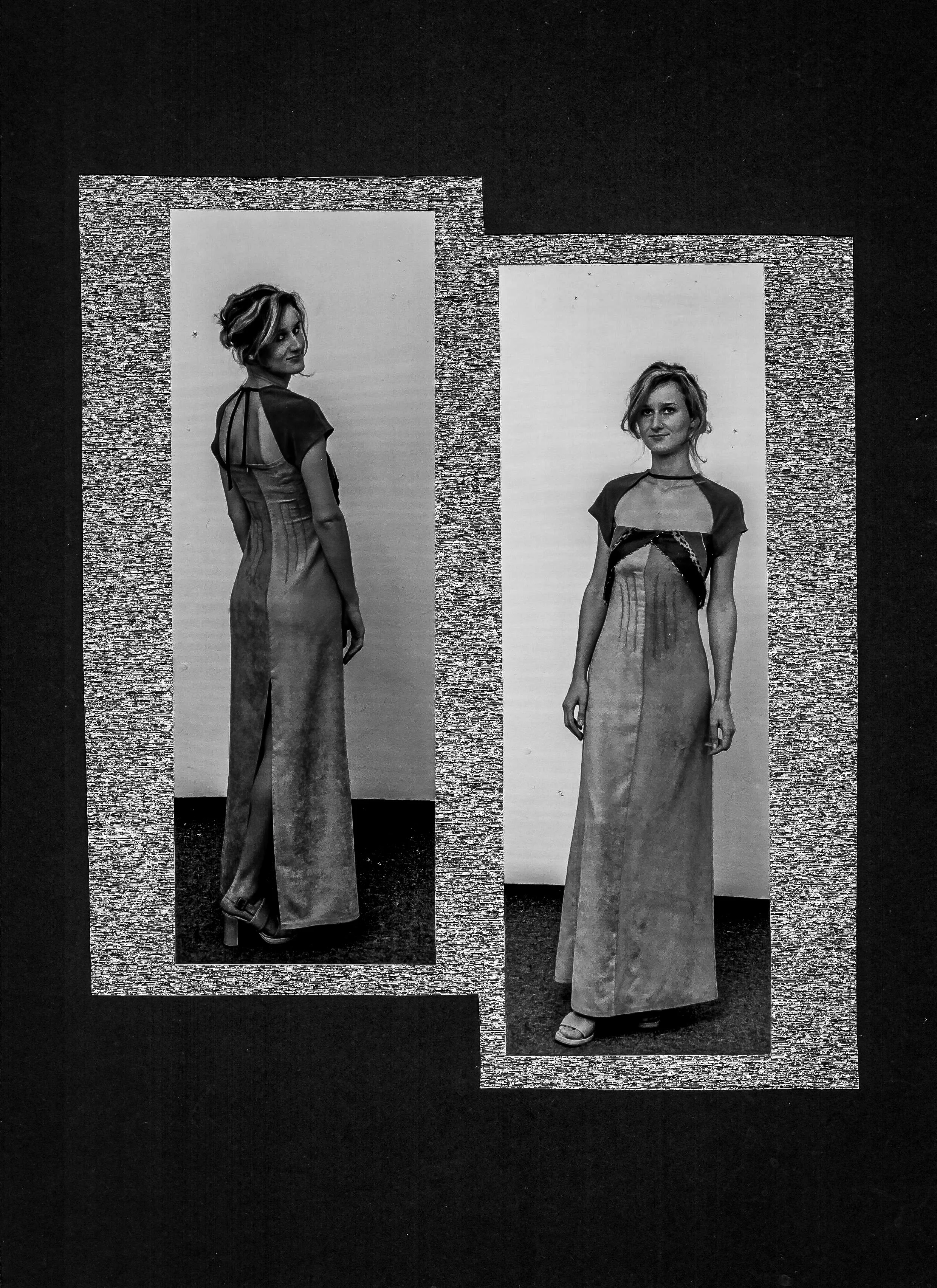 Caramel column, two views: Suede column gown with bolero. Two views, 2002