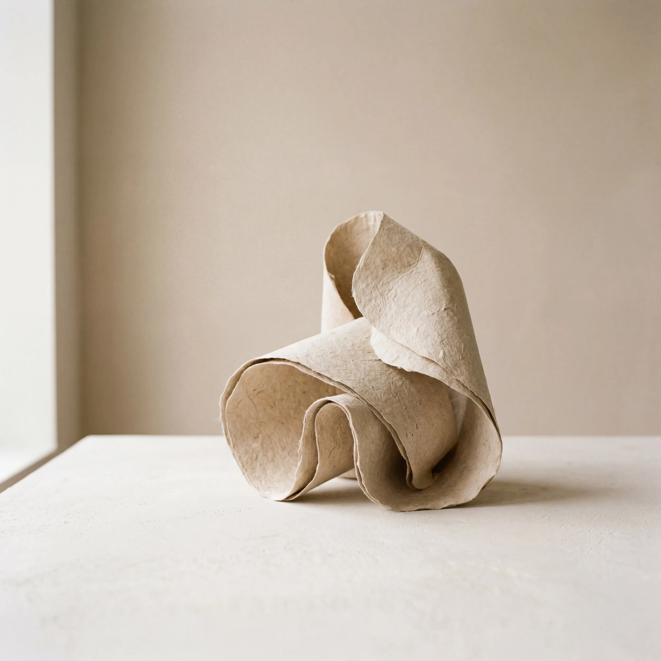 Minimal sculptural form made of folded natural material displayed in soft neutral light