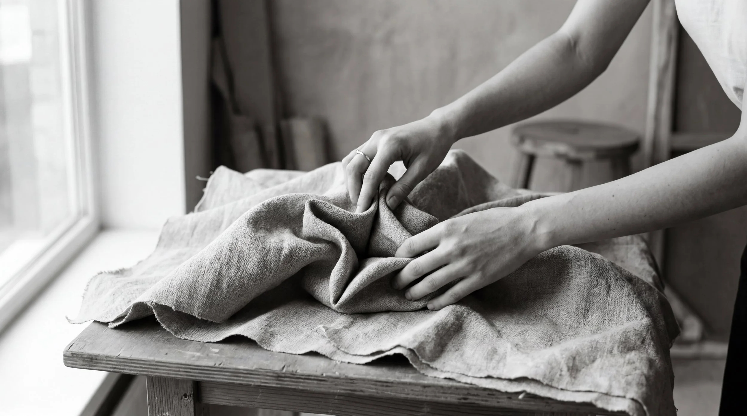 Hands shaping and folding natural linen fabric on a wooden worktable