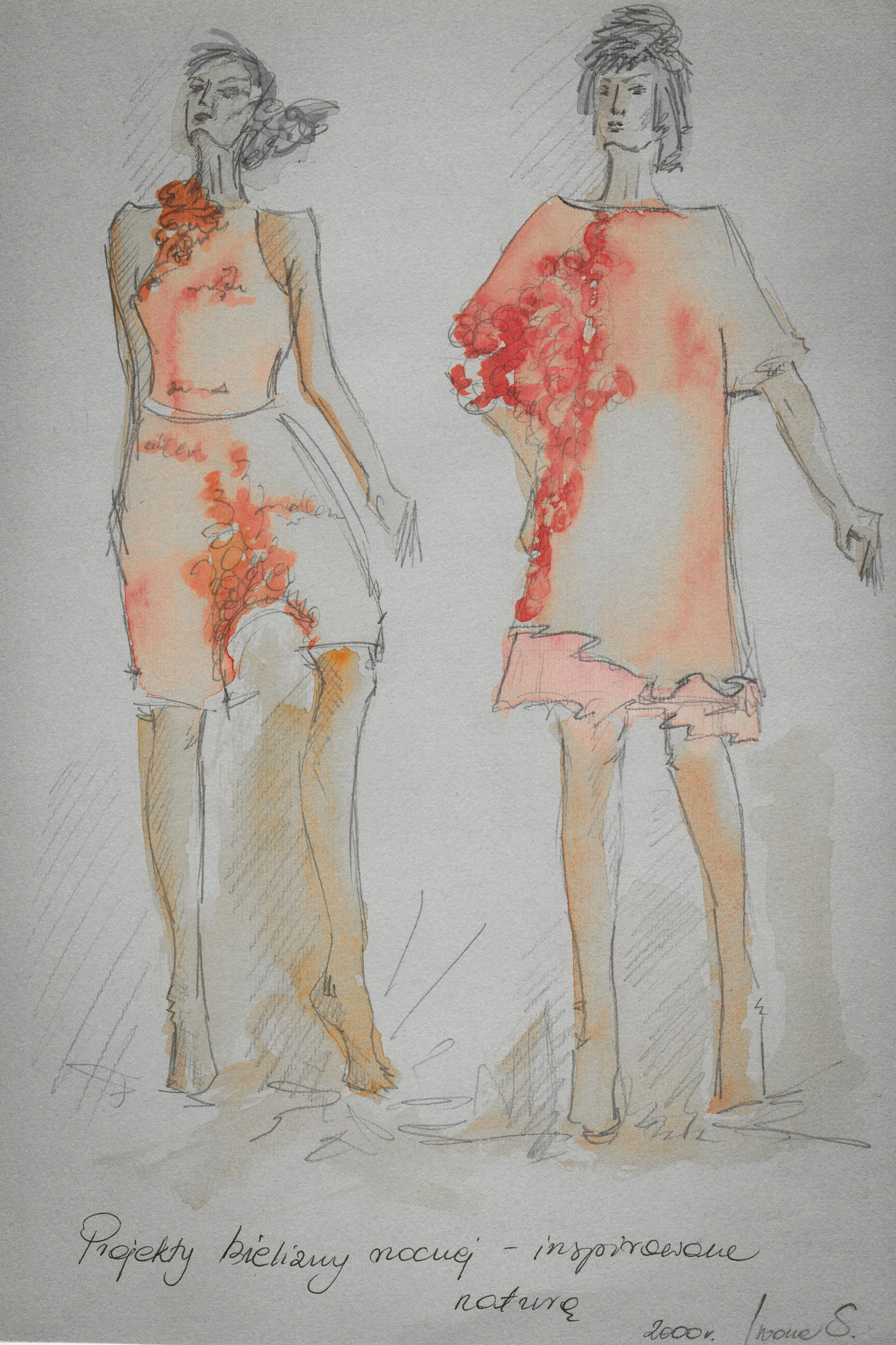Night lingerie, after nature: Watercolor and pencil, 2000. Two figures, coral motifs spilling across the body.