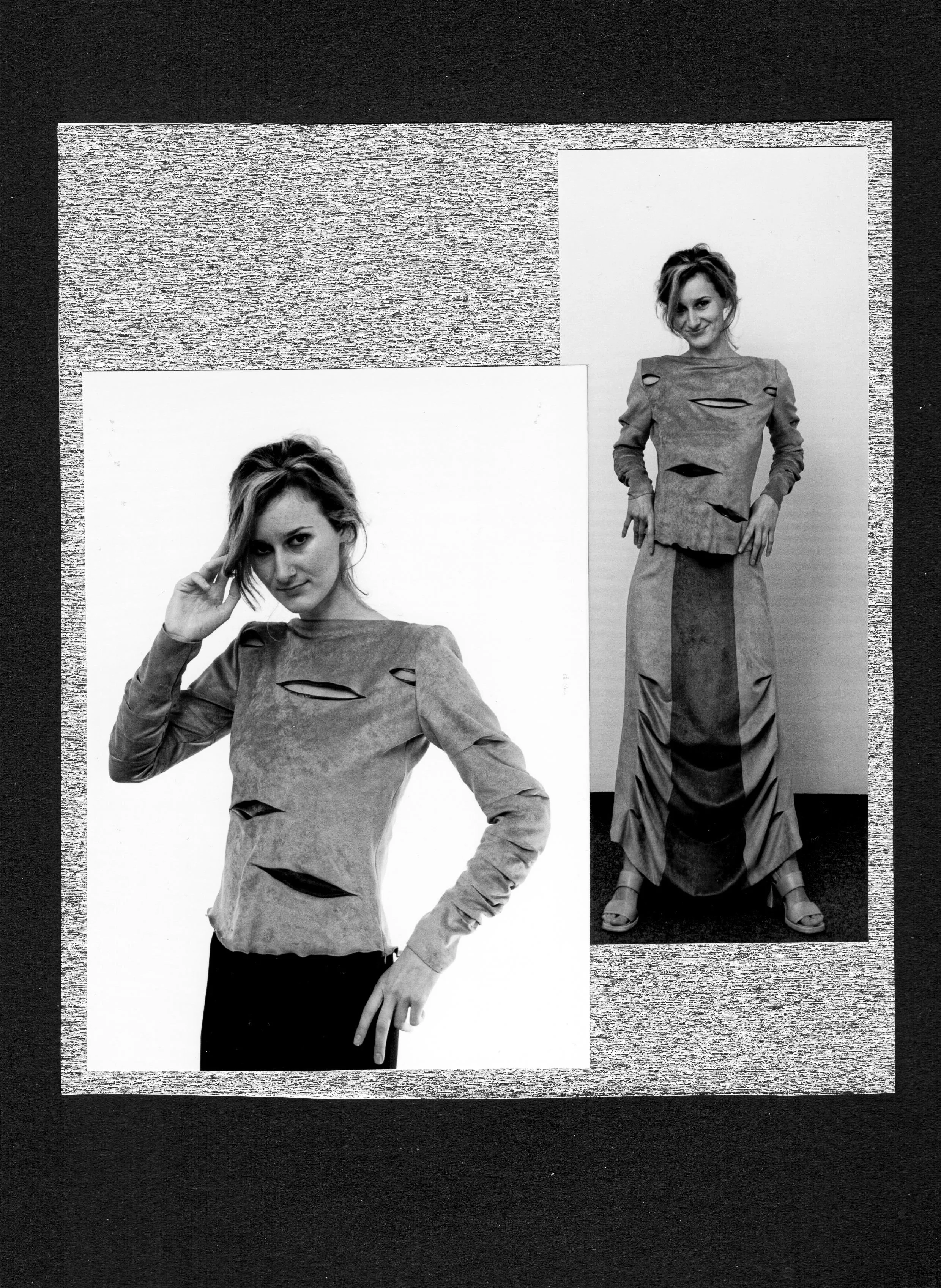 Cut suede, Klimt collection: Suede blouse with horizontal slashes, paired with a long suede skirt. From Patchwork — A Travesty of Klimt's Painting, diploma collection 2002–2003