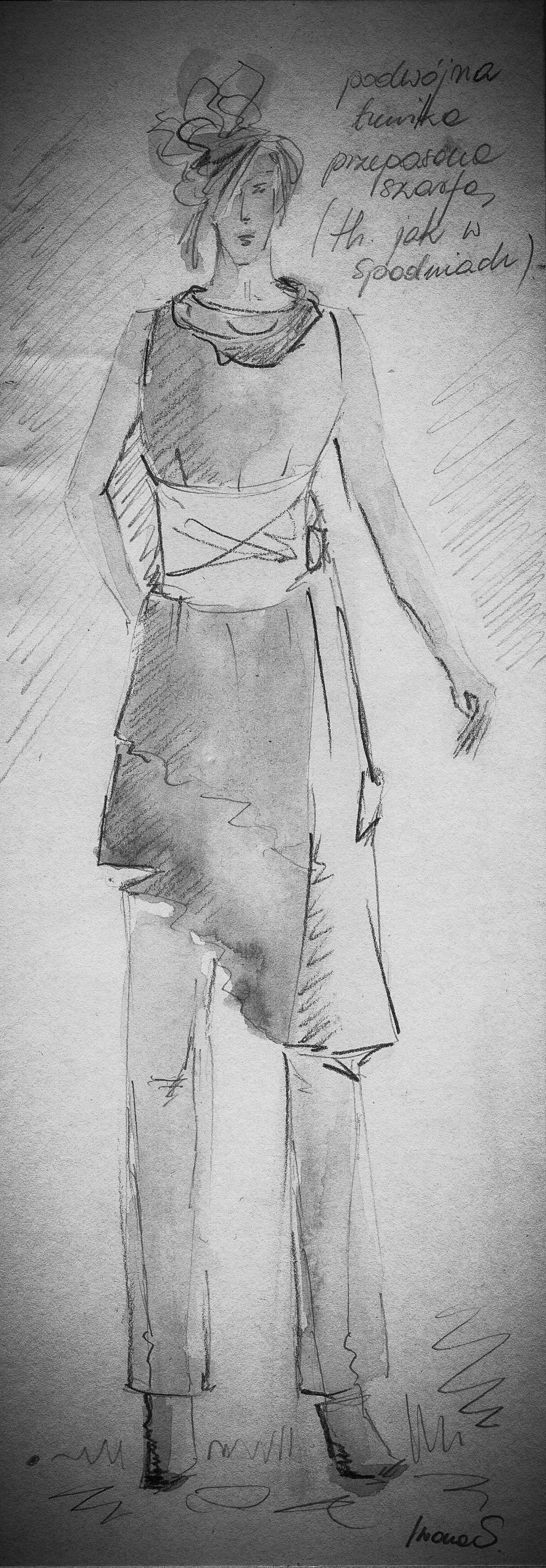 Double tunic with sash: Watercolor and pencil. The tunic is the same fabric as the trouser — a quiet rule.