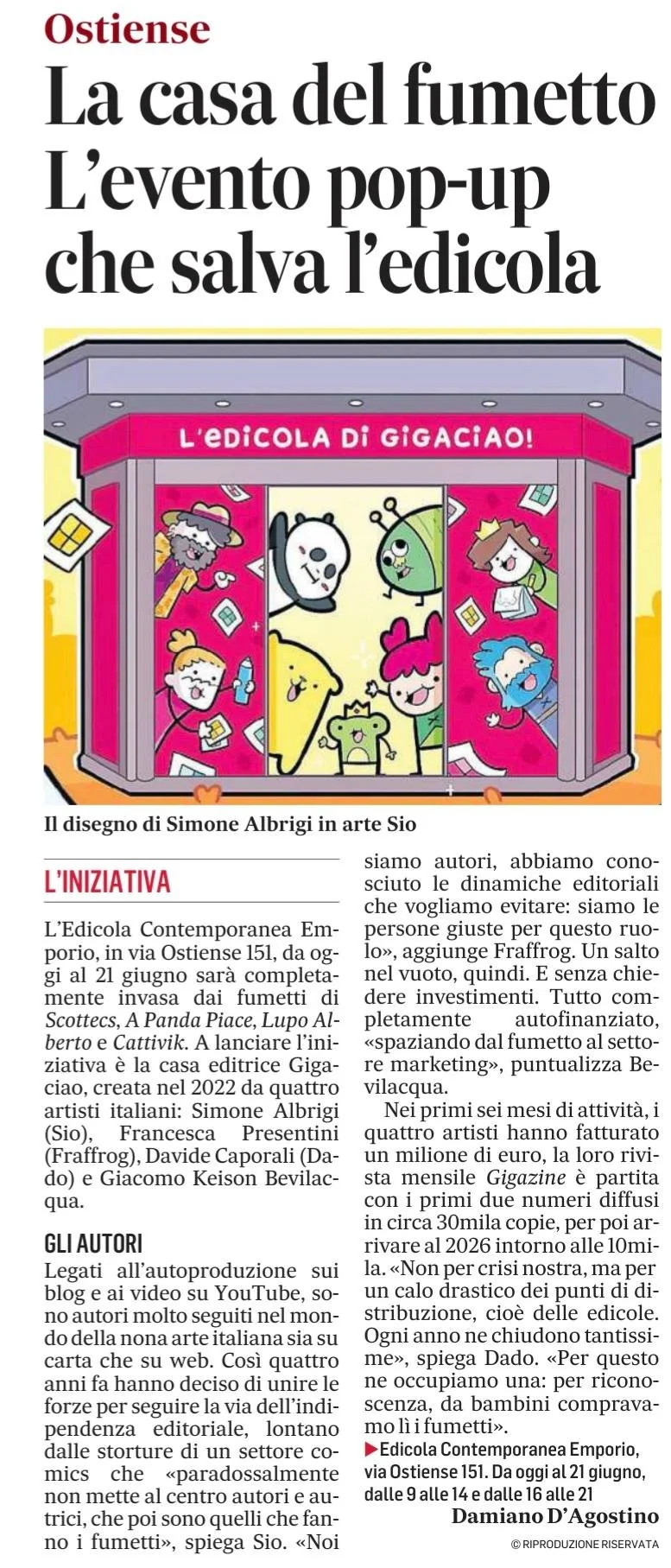 Titolo e immagine di una fumetteria con fumetti e personaggi colorati, pubblicizzato come 'L'edicolà di Gigacaiò'.