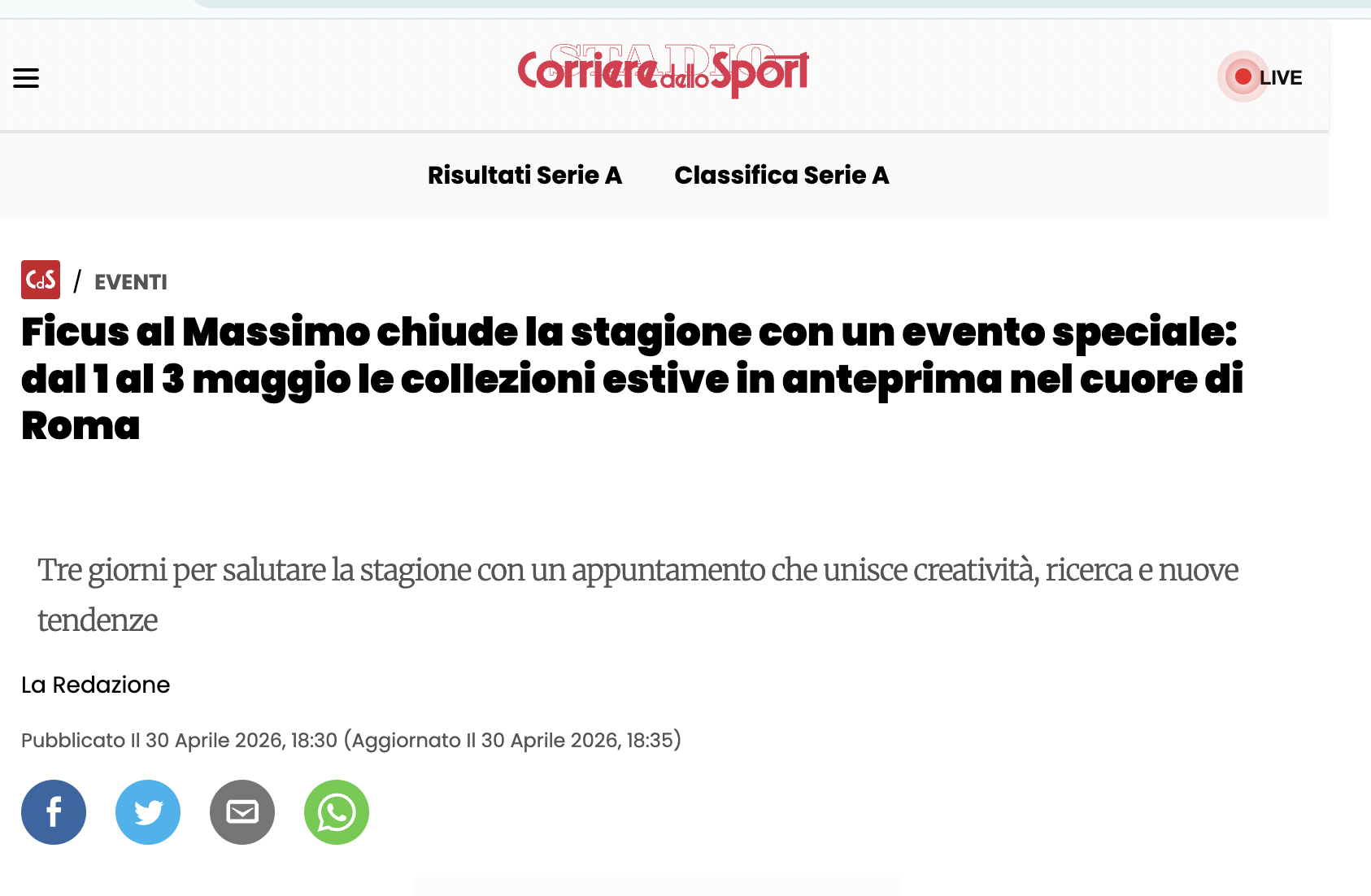 Titolo dell'articolo sulla chiusura della stagione di Ficus al Massimo con un evento speciale dal 1 al 3 maggio, con collezioni estive a Roma.