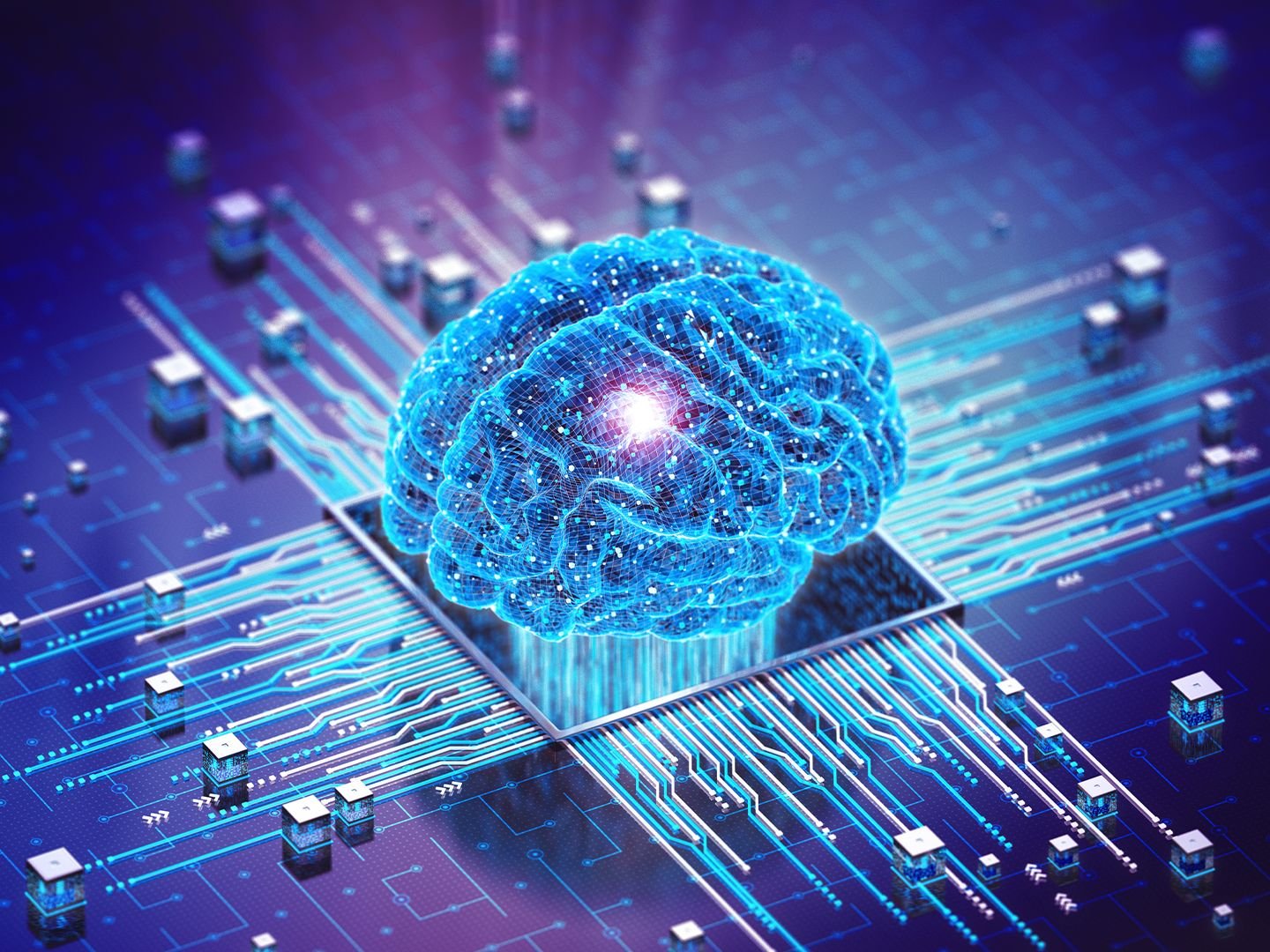 A digital illustration of a computer chip with a glowing blue brain hologram on top, representing artificial intelligence or machine learning technology.