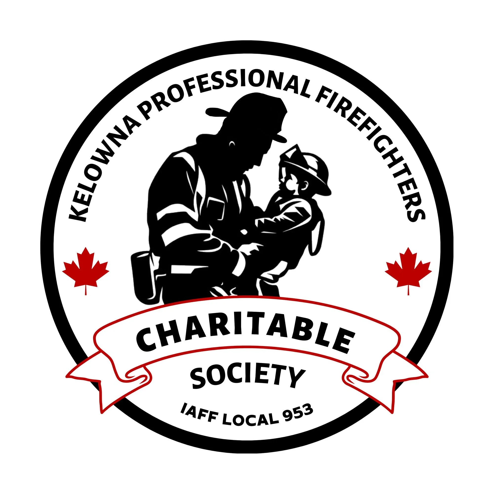 Logo of the Kelowna Professional Firefighters Charitable Society featuring a firefighter holding a child, with red maple leaves and text.