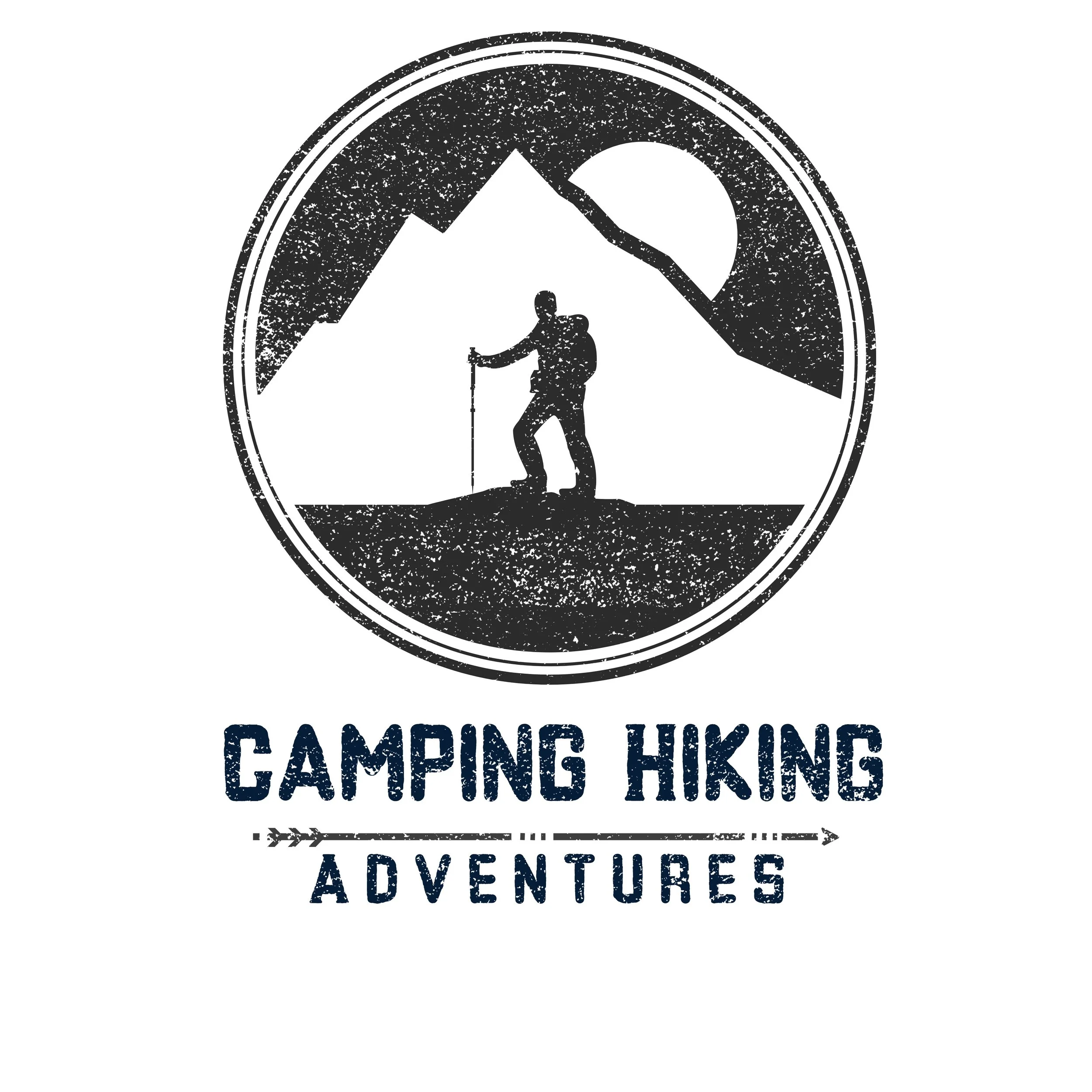 The Camping Hiking Adventures logo featuring a hiker silhouette in front of a mountain and sun