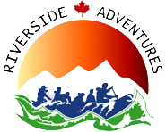 Riverside Adventures logo featuring people rafting on  a raging river