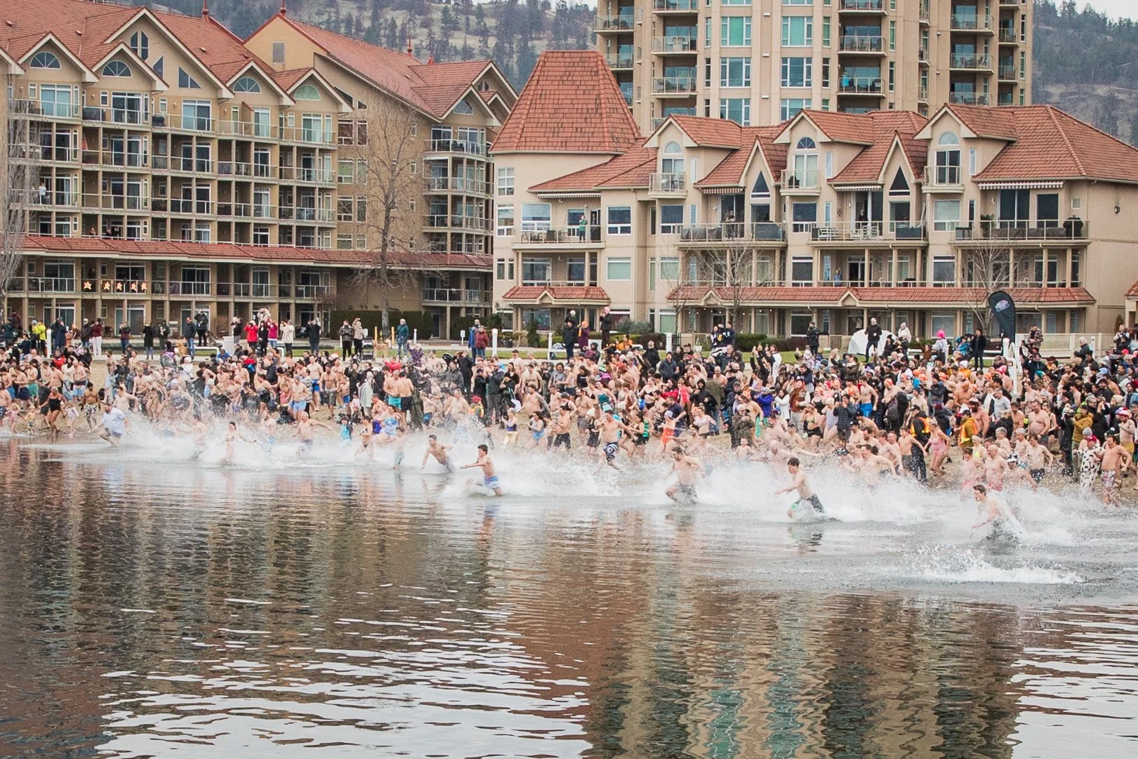 a group excited to experience the polar bear dip