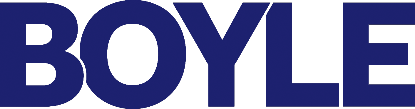 Close-up of the word 'BOYLE' written in large, dark blue capital letters on a black background.