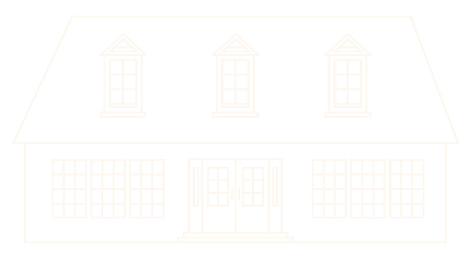 Outline drawing of a two-story house with dormer windows on the roof, large front windows, and a central front door with stairs.
