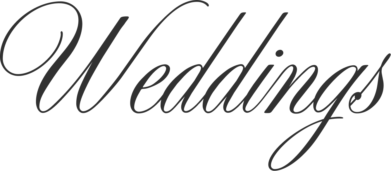The image features the word "Weddings" written in elegant, cursive gray font on a black background.