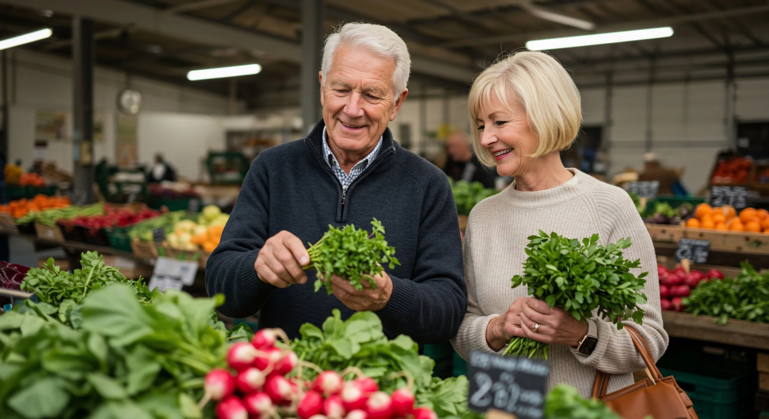 An elderly man and woman shopping for fresh greens at a grocery store or farmers market, smiling and holding bunches of herbs.