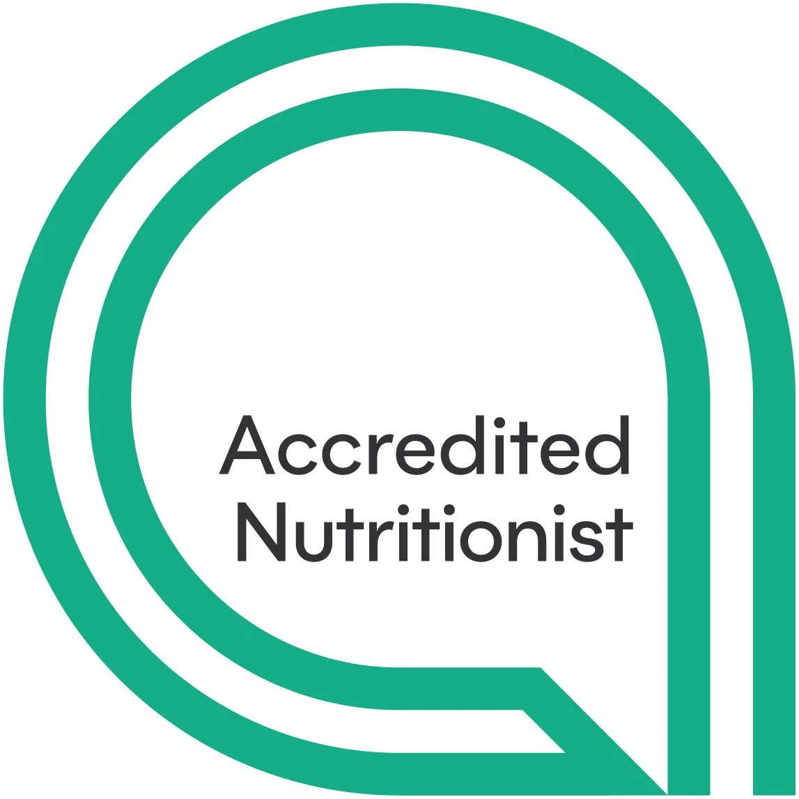 Green and white logo with the words 'Accredited Nutritionist' inside a speech bubble design.