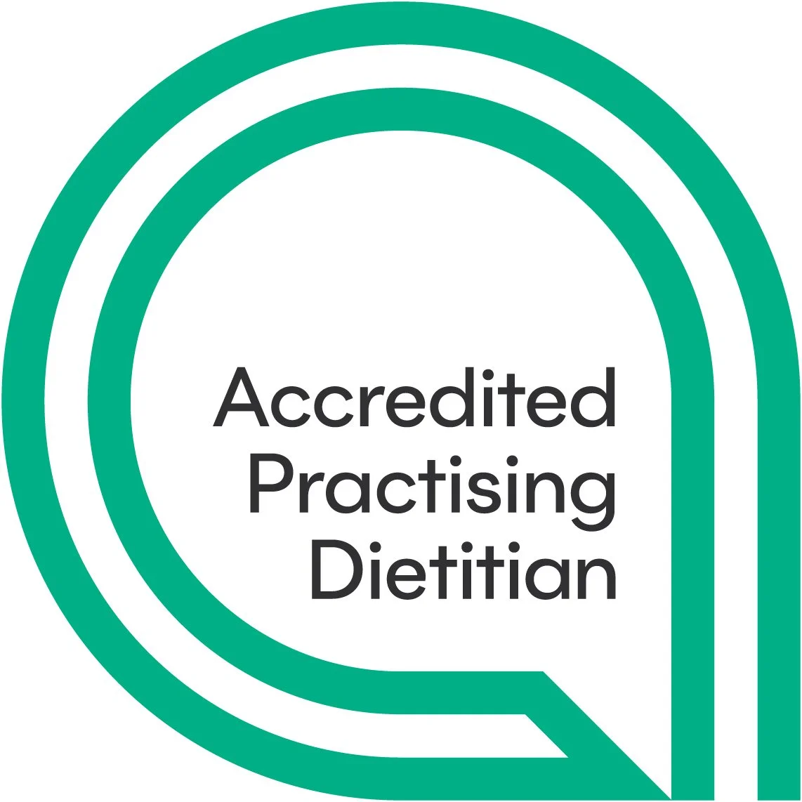 Green speech bubble graphic with the text 'Accredited Practising Dietitian' inside.
