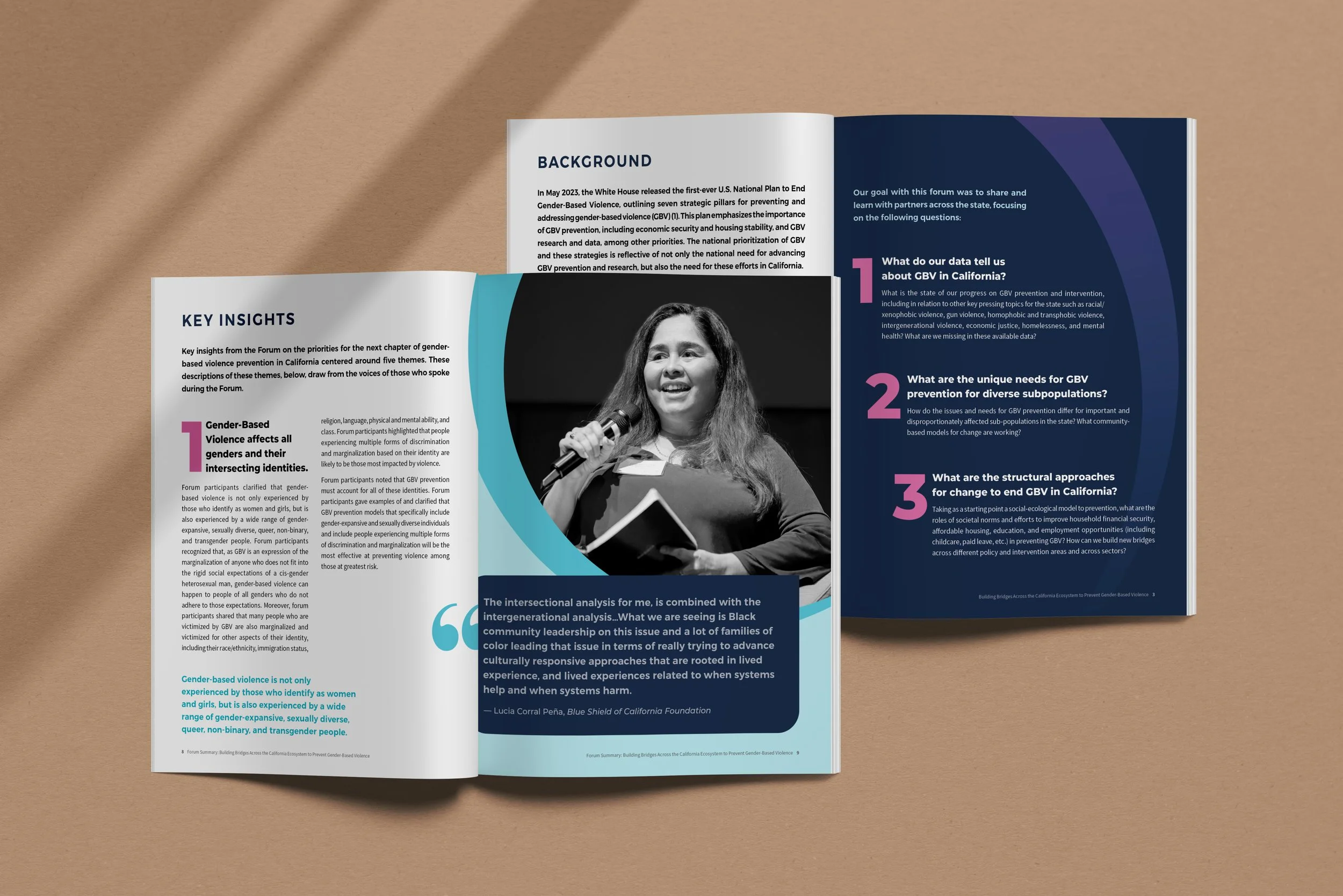 Open brochure with black and white photo of woman speaking into a microphone and notes on her hand. Gray background with blue and purple design elements, text about gender-based violence prevention in California.