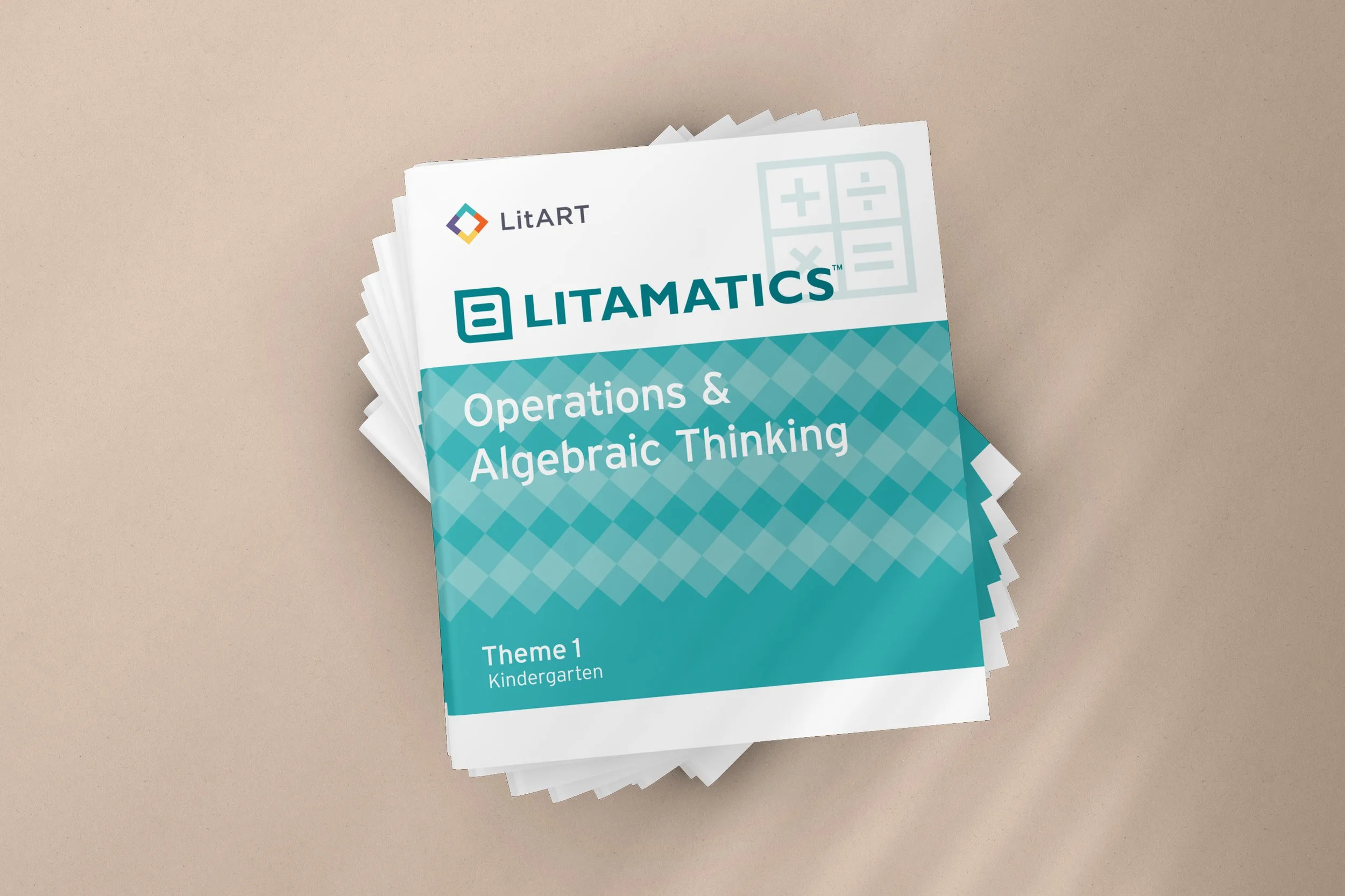 A stack of educational books titled 'Operations & Algebraic Thinking' for kindergarten, part of the Litamatics series, on a beige surface.