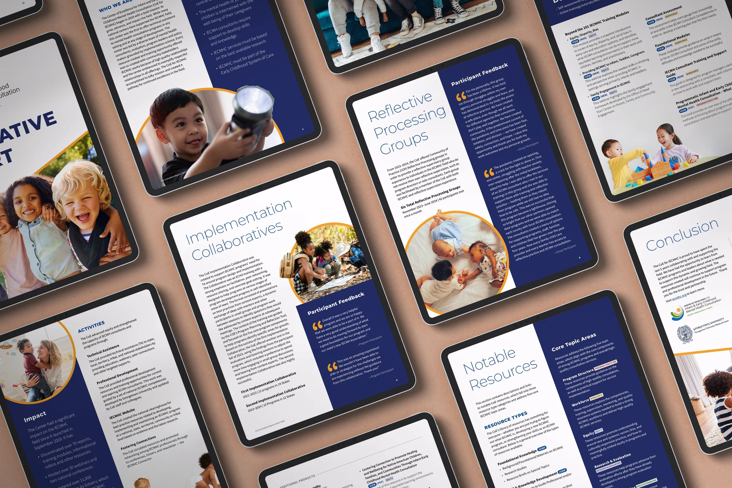 Tablets displaying pages of a report or presentation about early childhood development, with pictures of children, group activities, and sections titled 'Reflective Processing Groups', 'Implementation Collaboratives', and 'Notable Resources'.