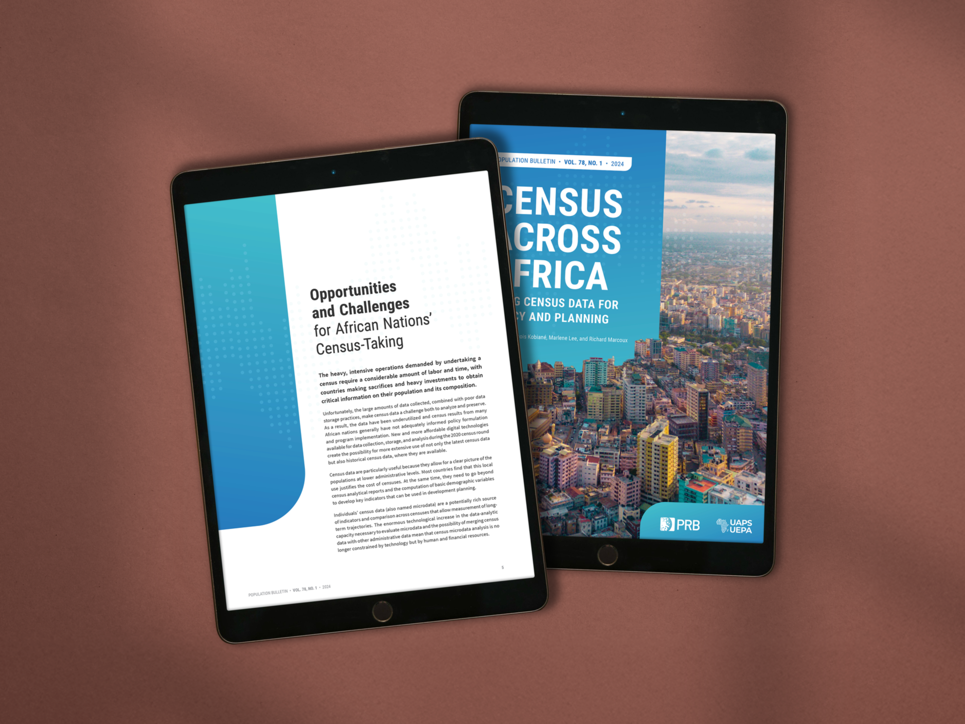 Two tablets displaying publications on Africa's census data, placed on a pink surface. One tablet shows a page titled 'Opportunities and Challenges for African Nations’ Census-Taking', and the other shows a cover titled 'Census Across Africa' with a 