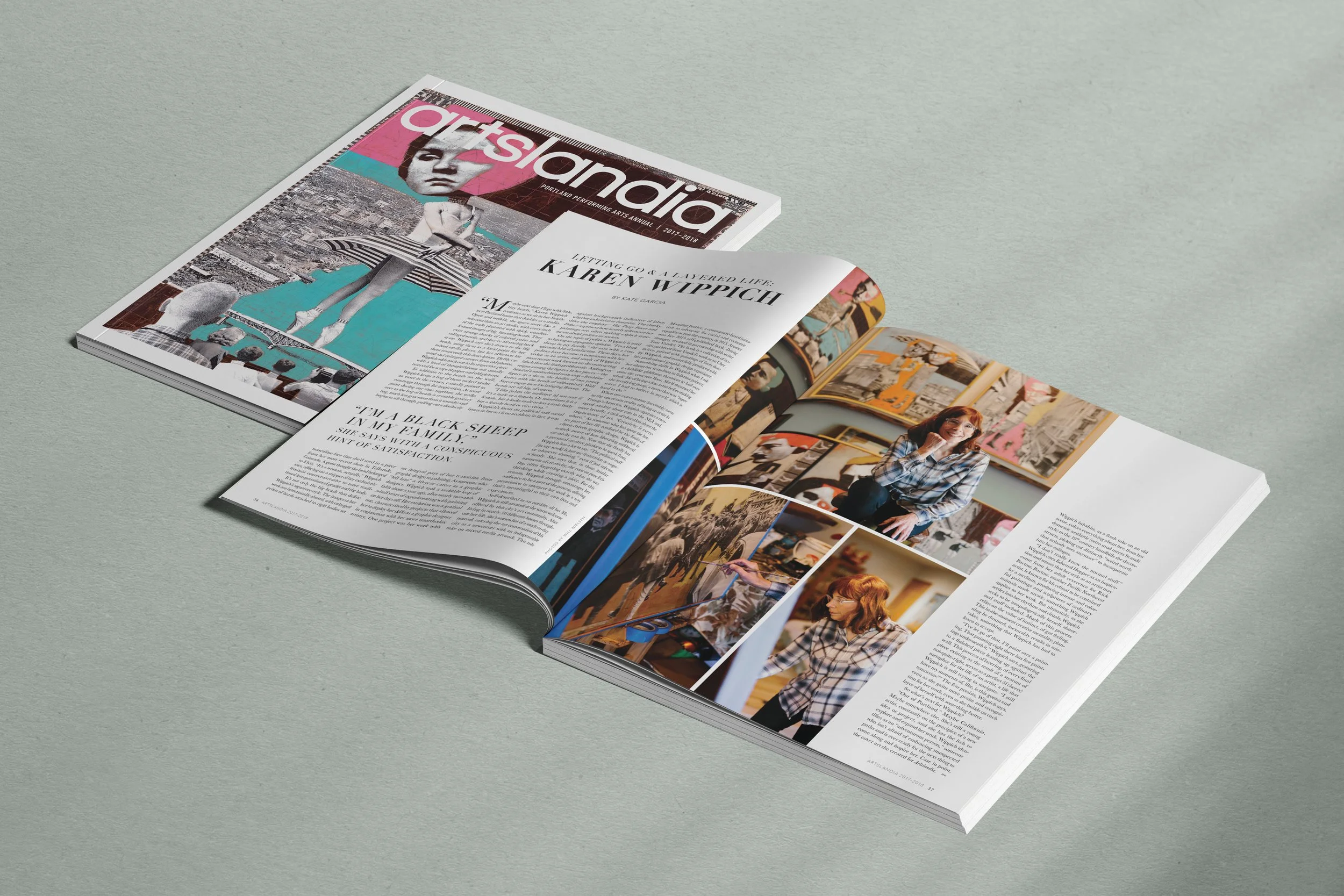 Open arts magazine featuring an article titled 'Getting to a Layered Life: Karen Mippich' with photos of a woman in an art studio surrounded by colorful artwork.