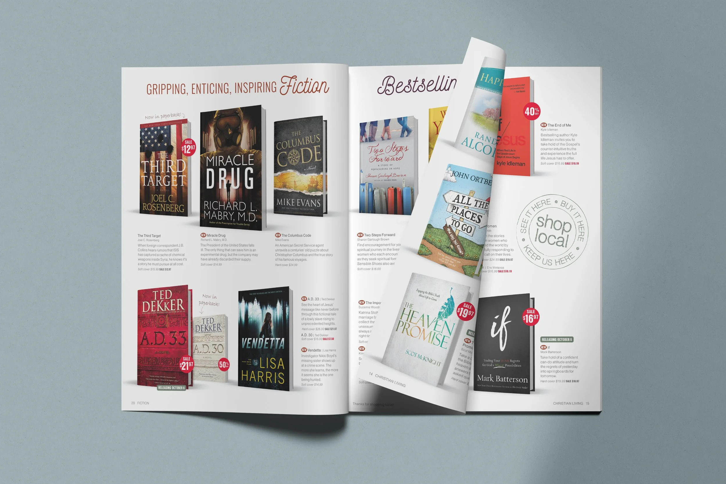 Open magazine displaying a list of fiction books, with book covers, titles, prices, and promotional labels, including Emma's, Vendetta, and Heaven's Promise.
