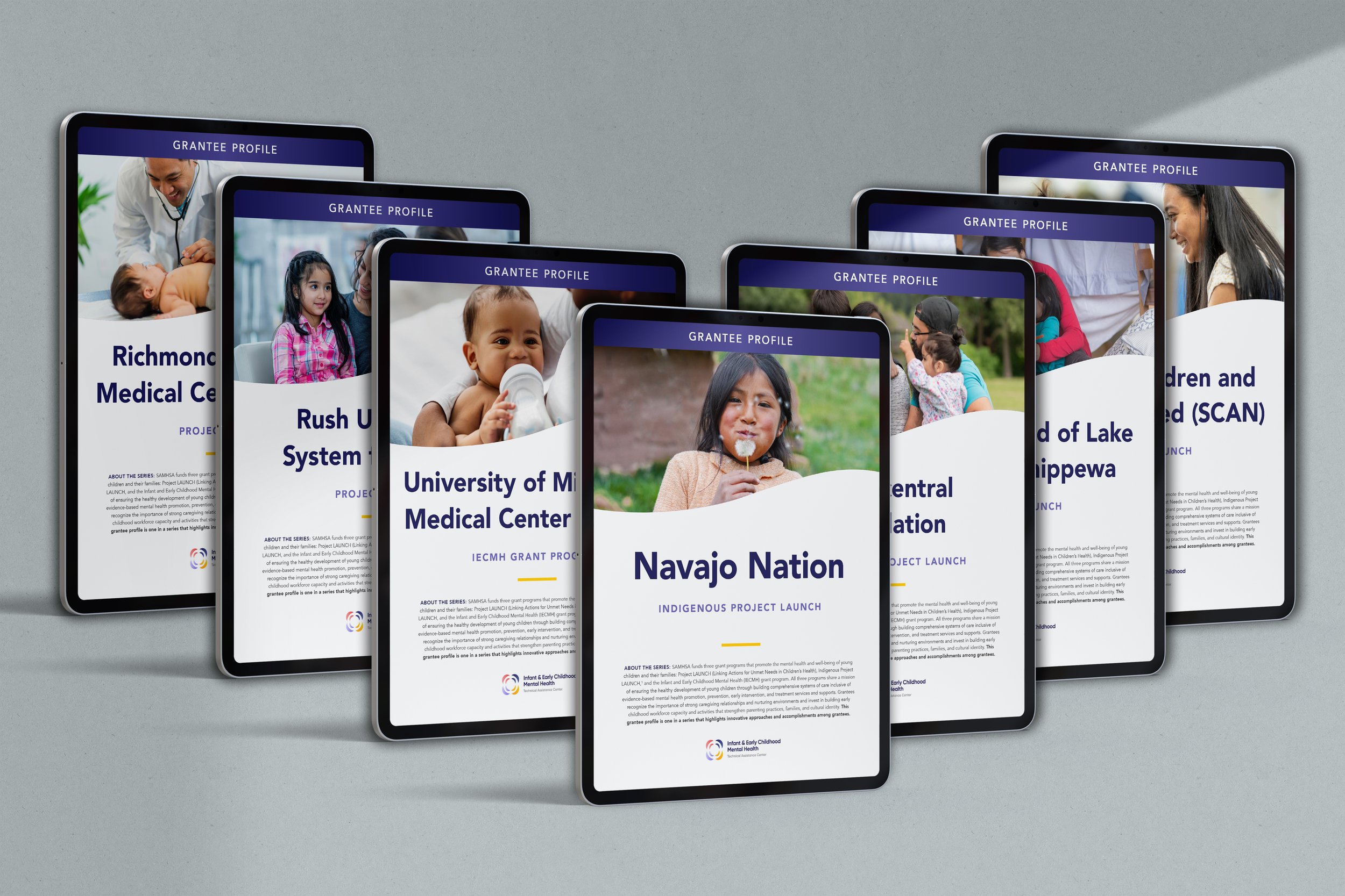 A series of seven digital tablets displaying profiles of children from various communities such as Navajo Nation, University of Michigan Medical Center, Richmond Medical Center, Rush University System, Central Location, and Lake Chinook, for a projec