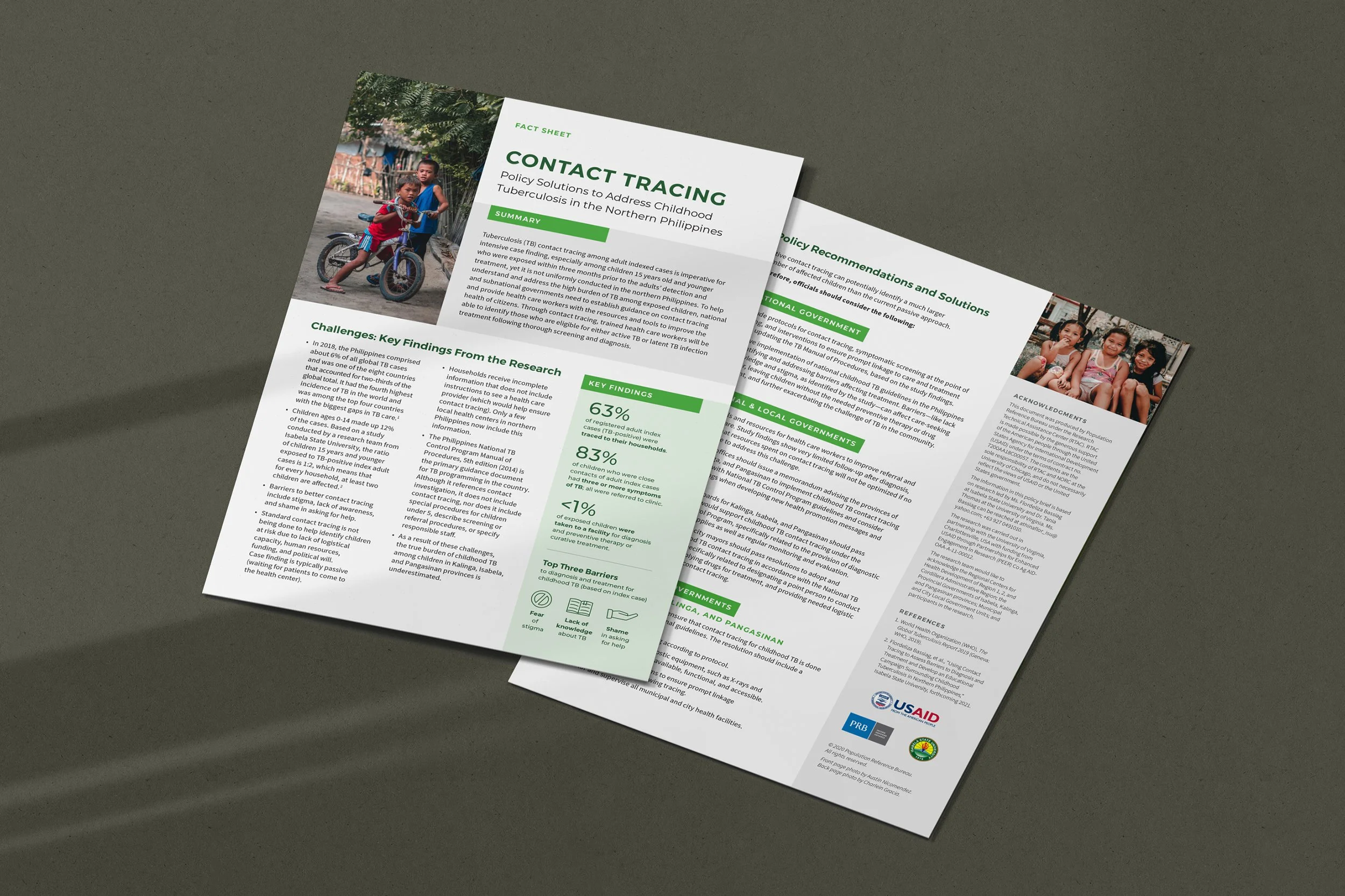 Two informational sheets about contact tracing and policy solutions related to childhood TB in the northern Philippines, featuring images of children and health-related icons.