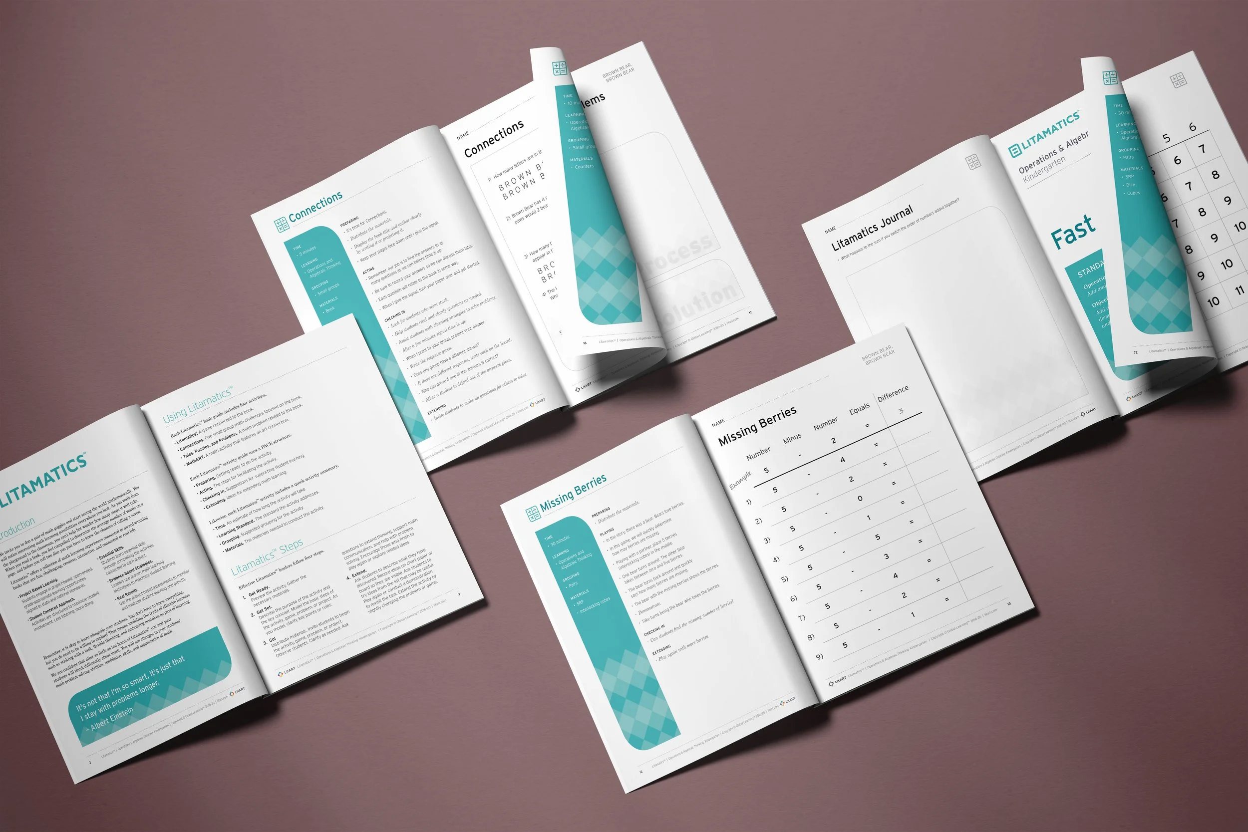 Several open educational booklets and worksheets related to Lettamatics, placed on a pink surface, featuring tables, explanations, and exercises.