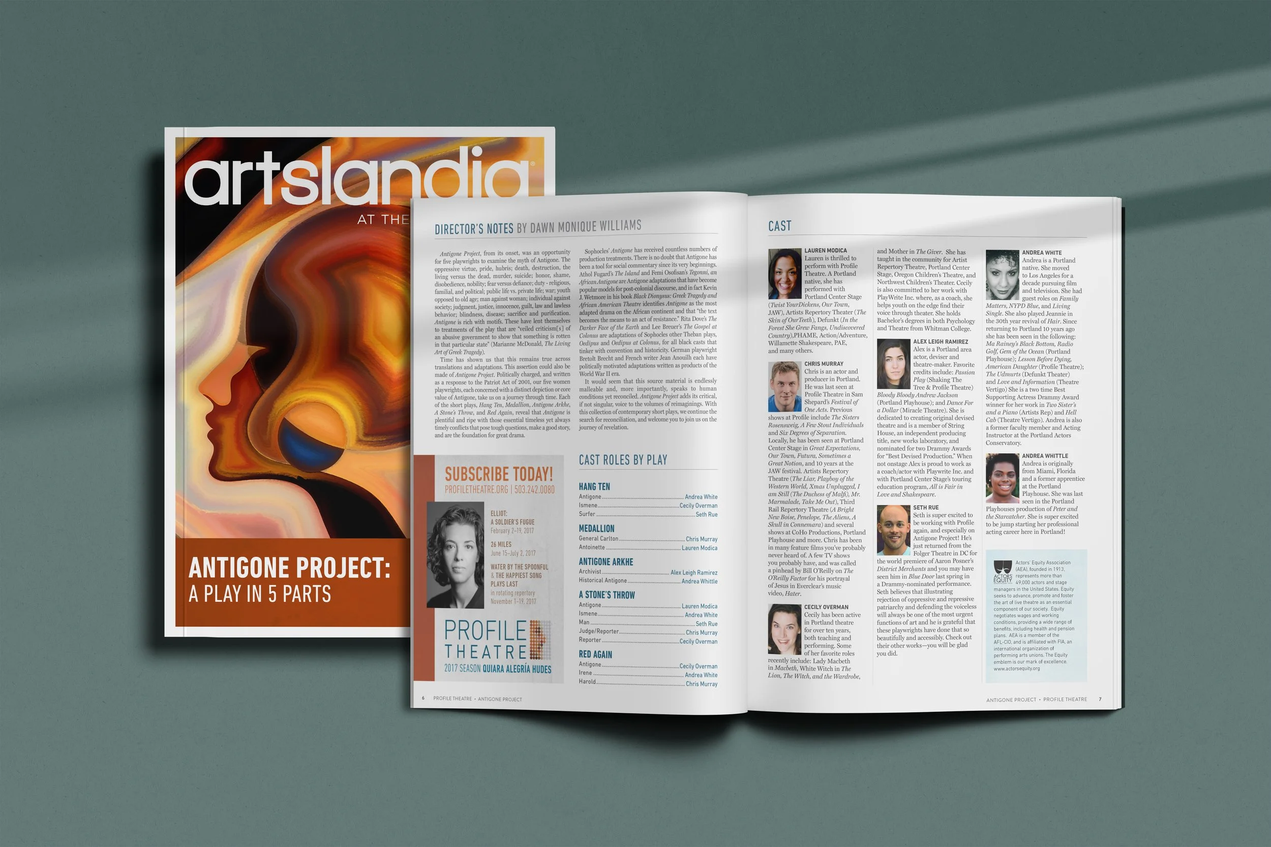 Open magazine titled 'Artslandia' with an abstract artist's portrait on the cover and text about the 'Antigone Project' inside, featuring cast profiles and play information, placed on a gray surface with shadows.