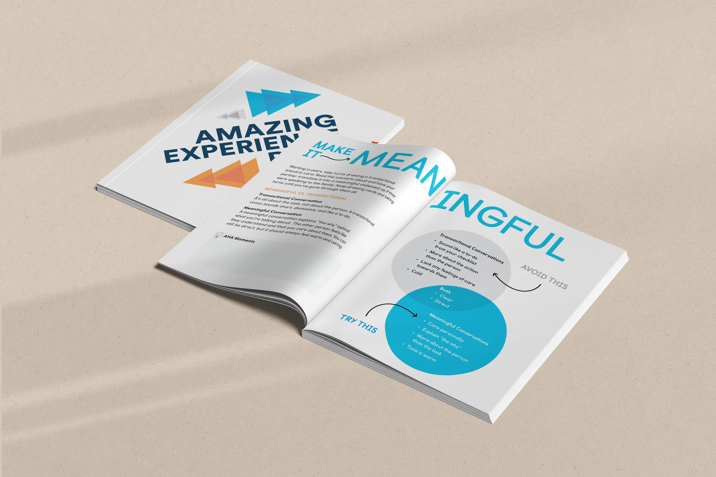 Open book on a beige surface with colorful graphics and text about meaningful conversations and transactional conversations.