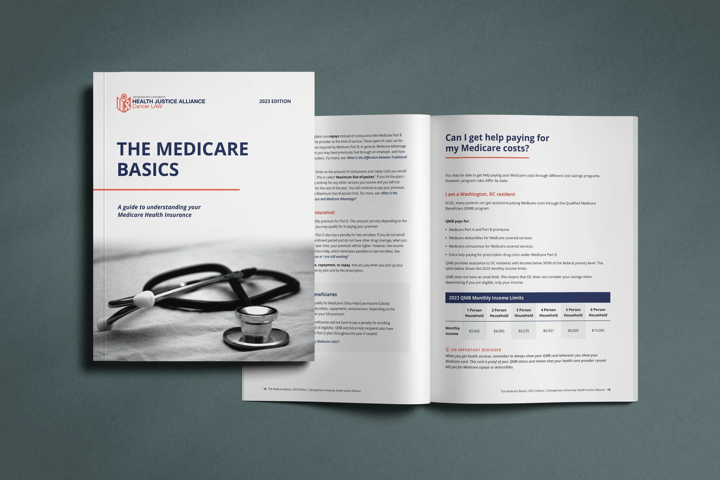 Open booklet titled 'The Medicare Basics' with the cover showing a stethoscope on a white background. The interior pages contain information about Medicare costs, eligibility, and income limits, highlighted in blue and red text.
