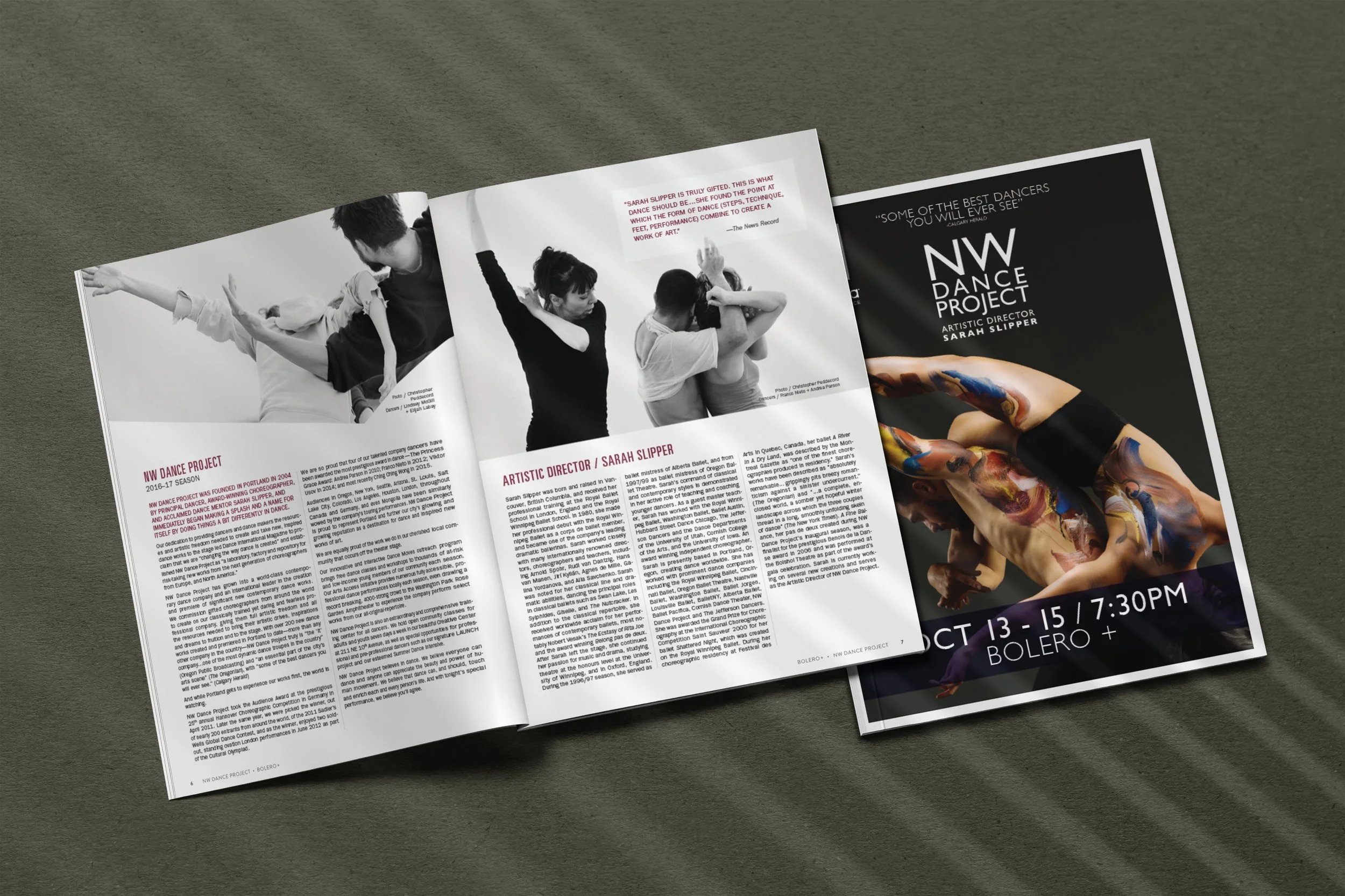 Open dance event flyers on a gray surface, featuring black-and-white and colorful images of dancers, event details, and a description of the NW Dance Project and artist Sarah Slipper.