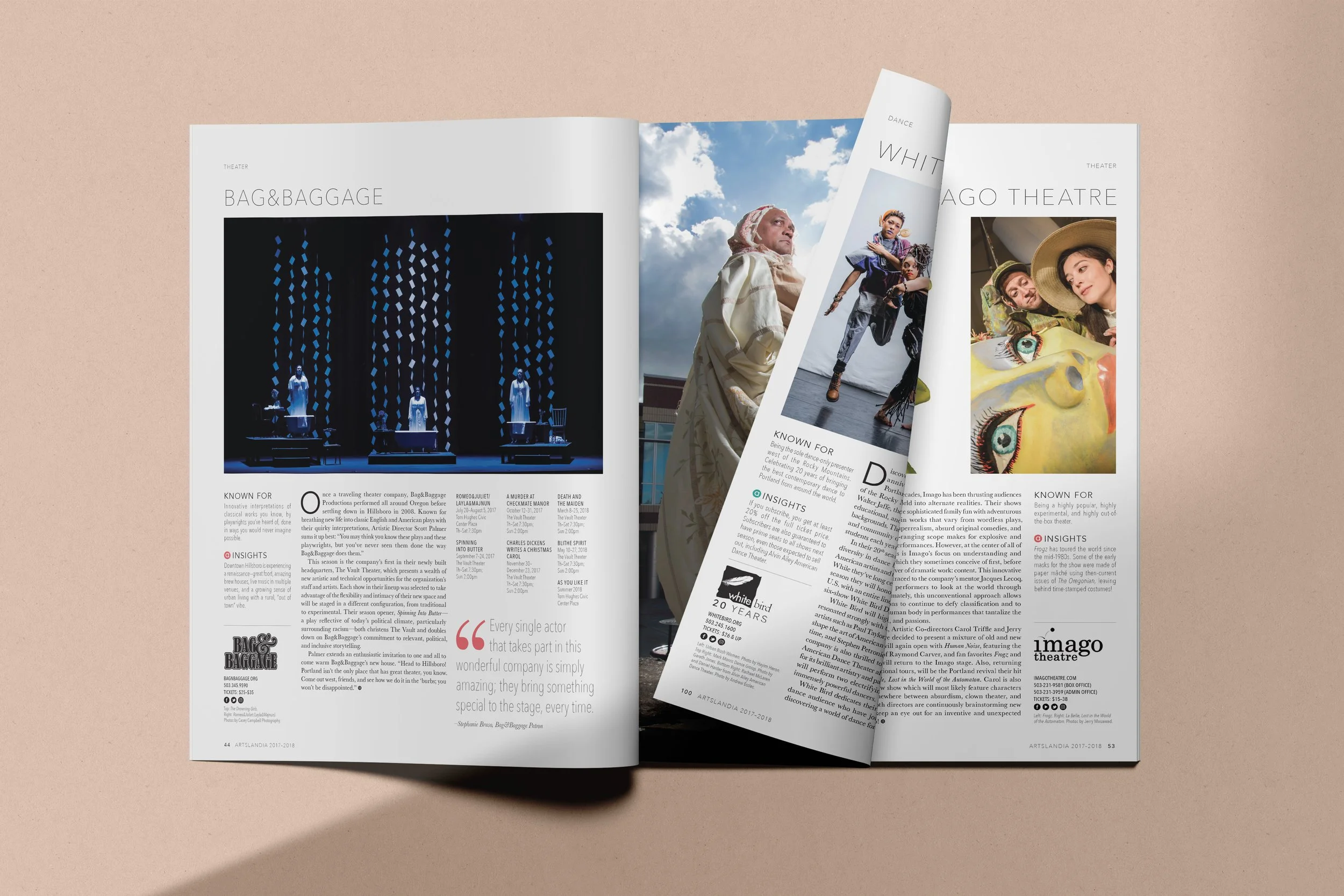 An open magazine displaying pages with images and text about theater productions, including a picture of a stage performance with three actors, a woman in traditional attire outdoors, a modern dance photo, and a painted face clown photo.