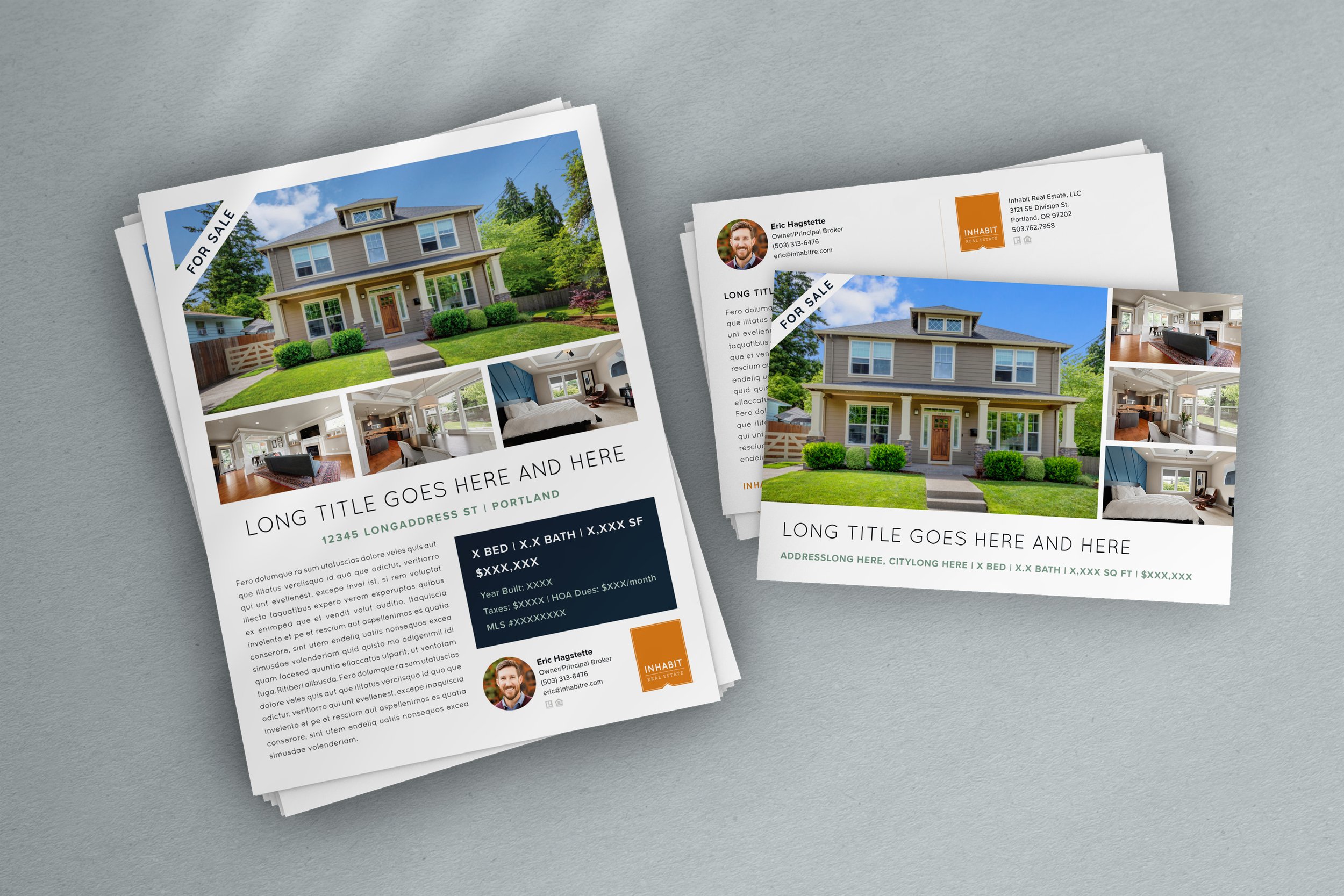 Real estate flyers featuring a large house with a manicured lawn, interior photos of the living room and bedroom, and placeholder text for property details and agent contact information.