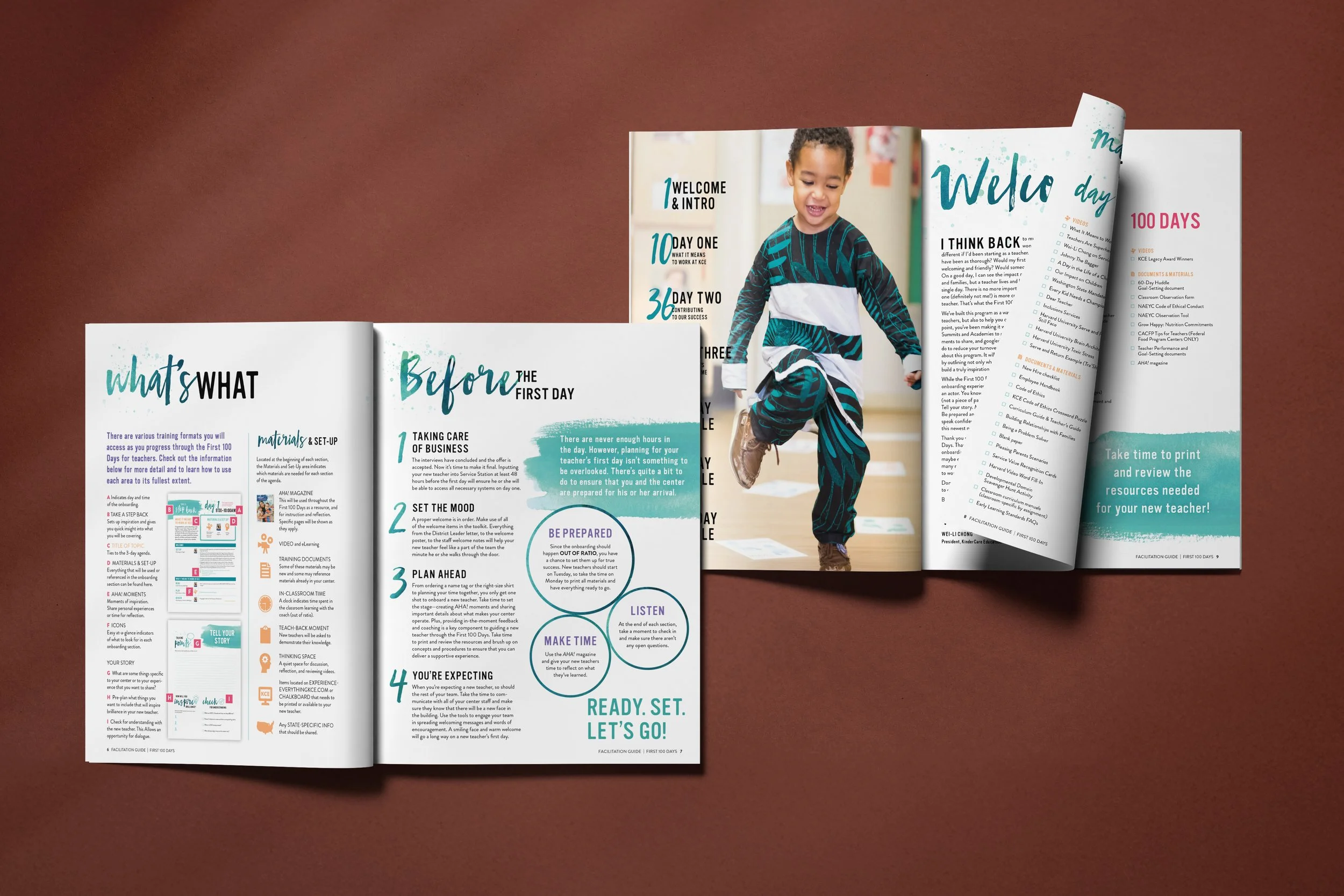 Open printed guidebook pages about first day of school, featuring a smiling young student in pajamas jumping, with sections titled 'what's WHAT,' 'Before the FIRST DAY,' and 'Welcome Day,' on a brown surface.
