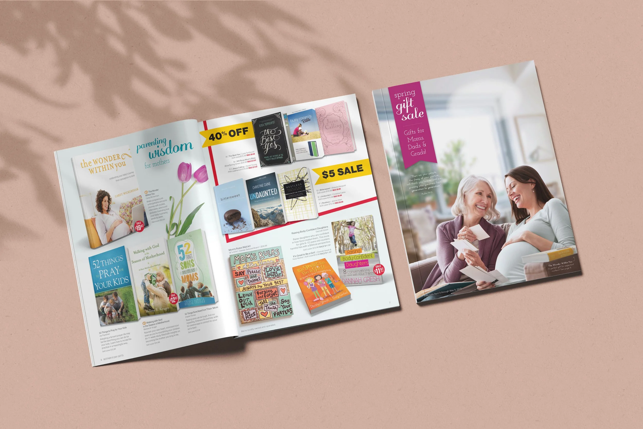 Open magazine with book and gift sale advertisement next to a closed magazine featuring a woman and girl smiling during a gift exchange.