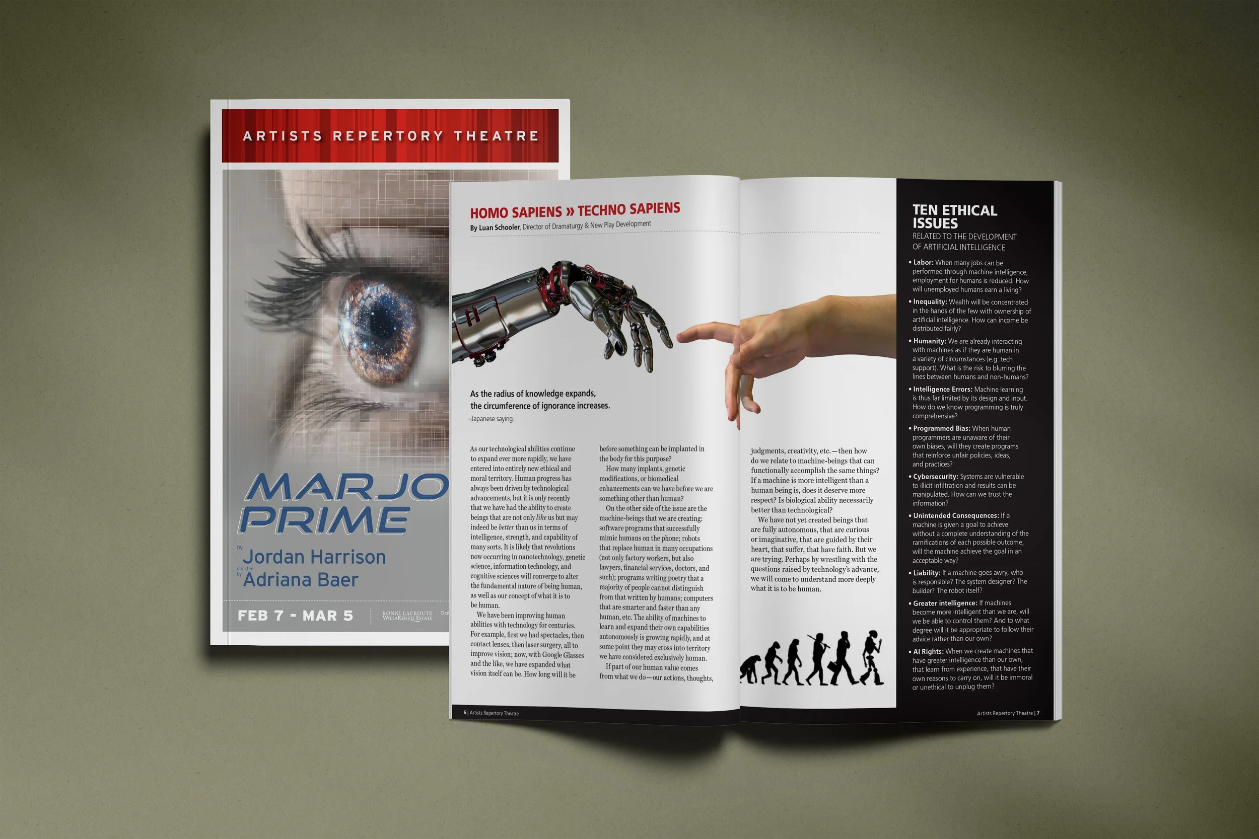 Open magazine with articles about artificial intelligence, featuring an image of a robotic hand reaching for a human finger and a large eye with digital effects, and a schedule for an art event from February 7 to March 5.