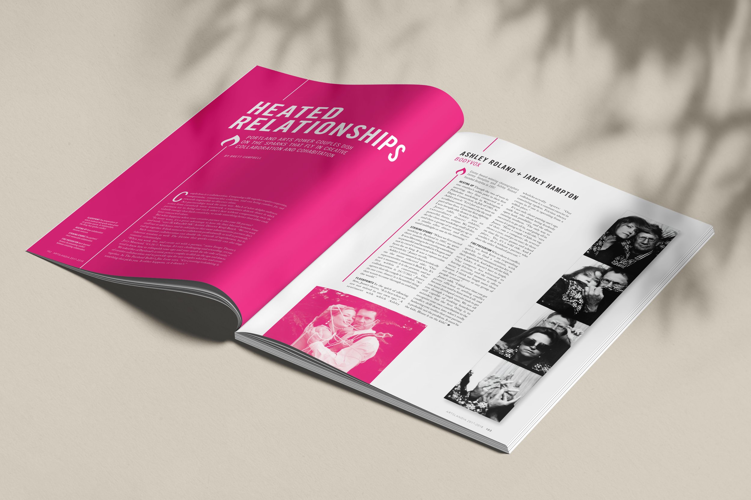 Open magazine featuring an article titled 'Hated Relationships' with a pink background on the left page and black-and-white photos of people on the right page.