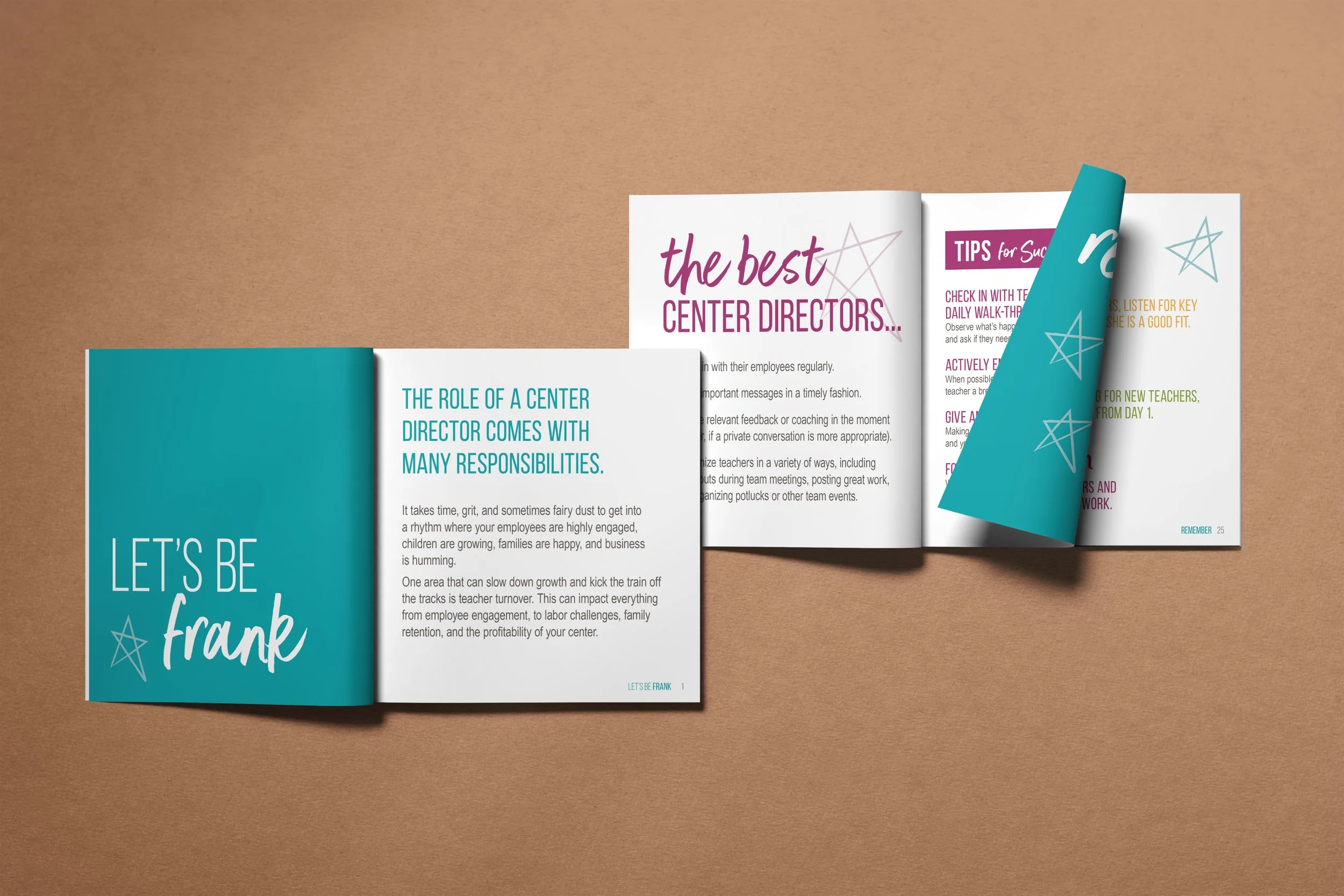 An open booklet on a brown background with colorful pages, including text about center directors and responsibilities, and tips for success, with a blue page and stars designs.