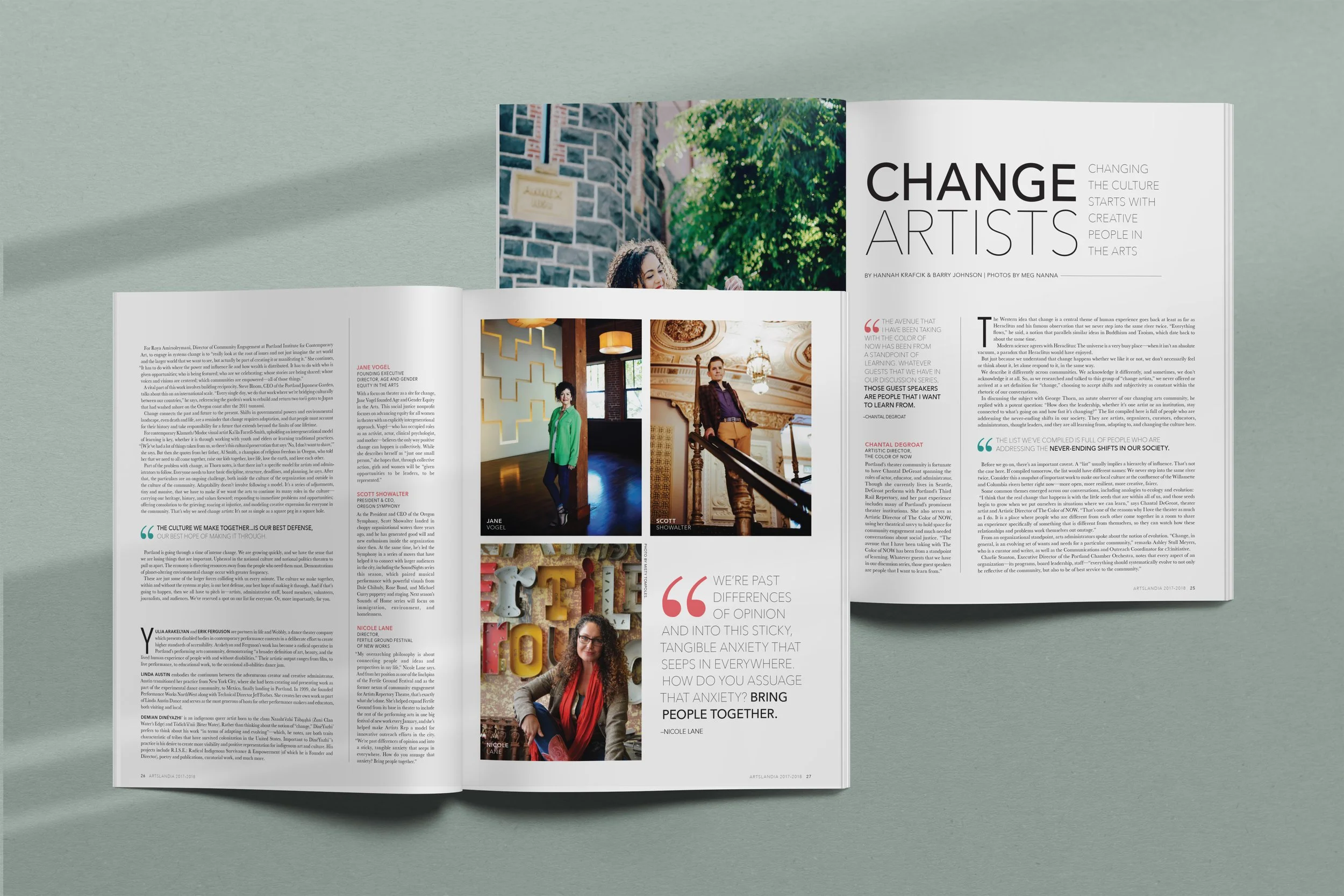 An open magazine displaying articles and photographs about artists and cultural change, with images of women and art installations, on a green background.