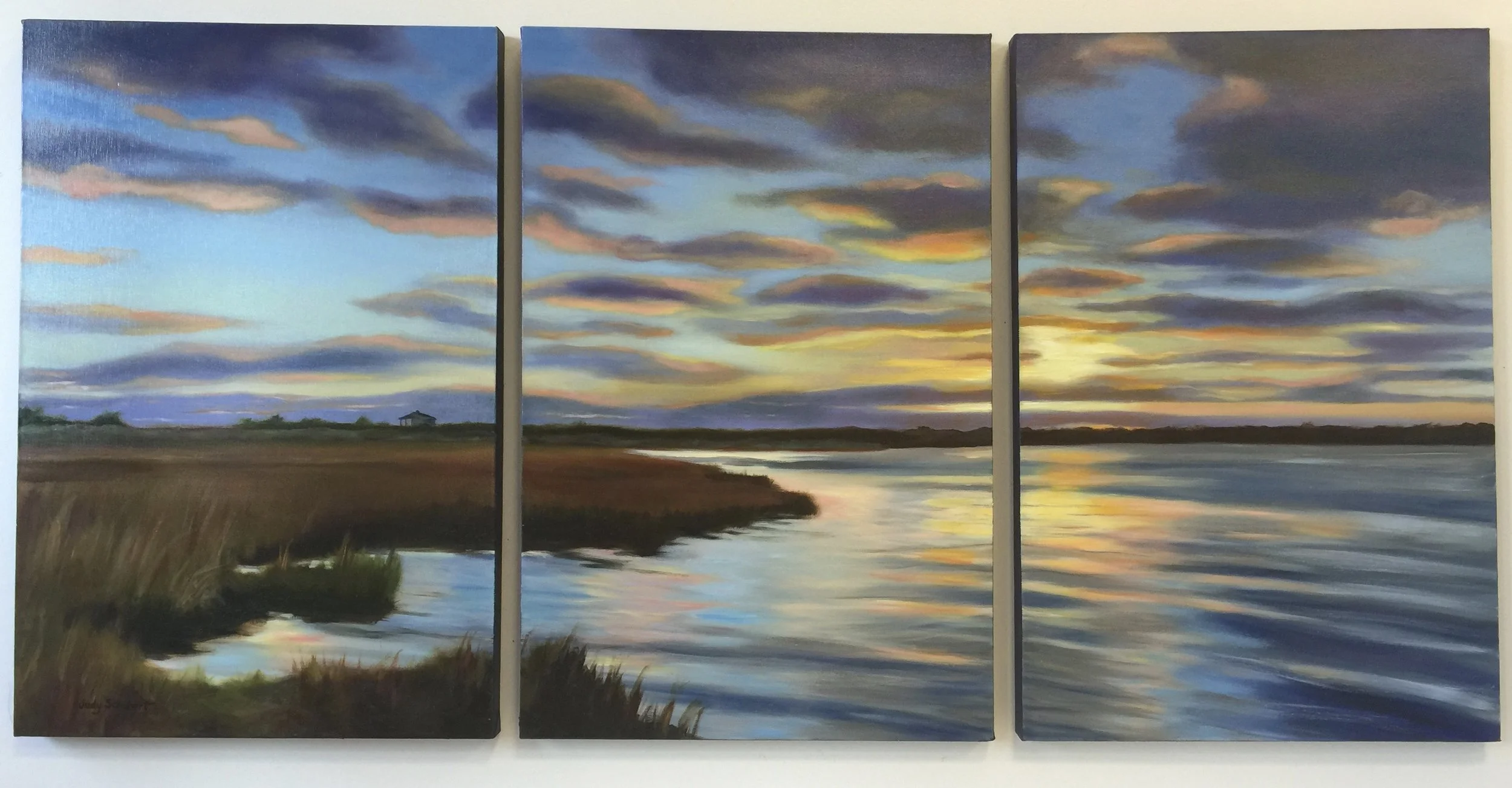 Sunrise on the Pond 30x60 Triptych Sold