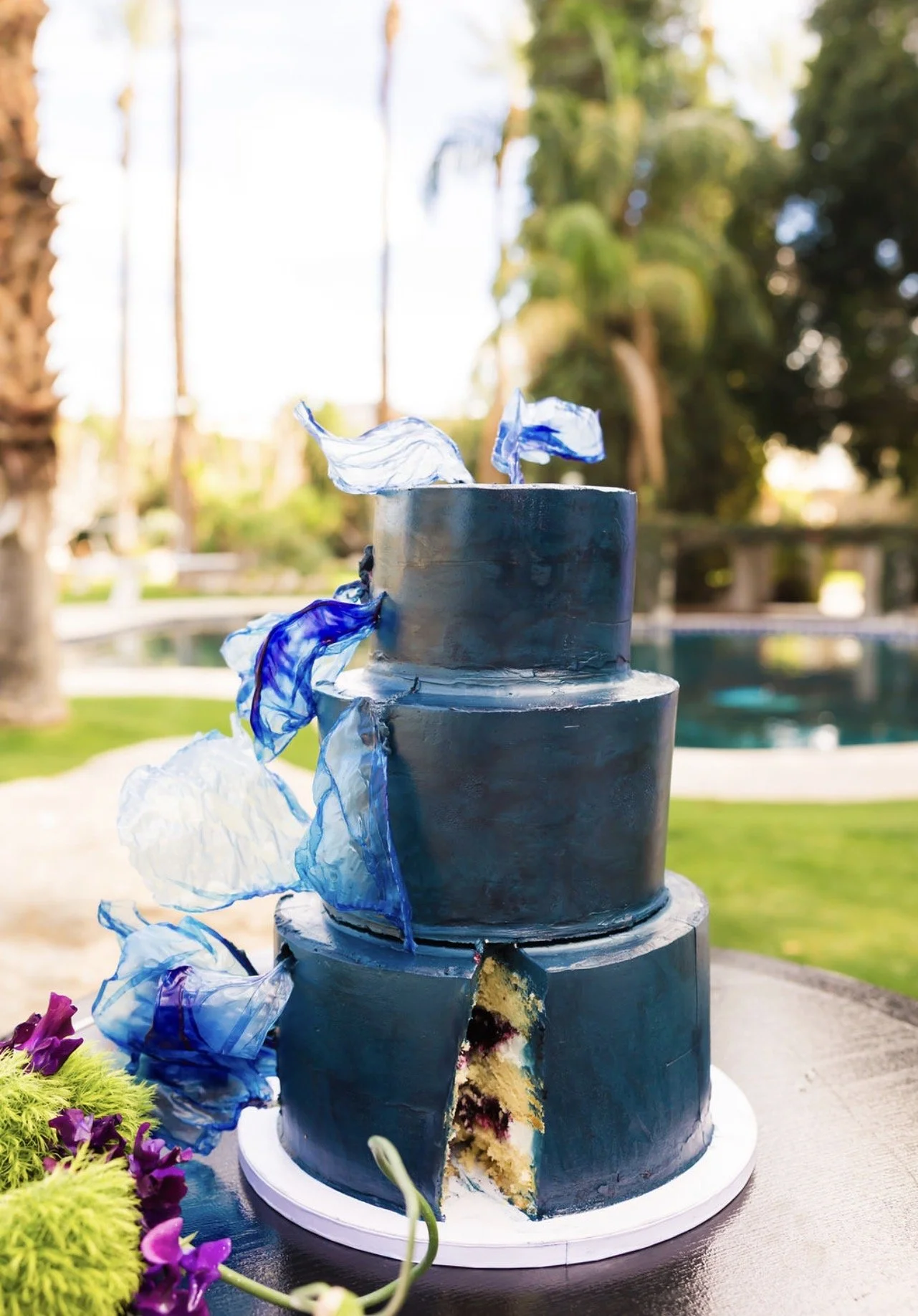 Triple-tiered blue wedding cake with modern design, Palm Spring